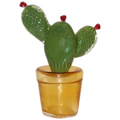1990er Jahre Vintage Italienisch Grün Murano Kunstglas Kaktus Pflanze mit roten Blumen