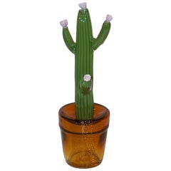 1990s Vintage Italian Green Murano Glass Cactus Plant with Rosé Pink Flowers