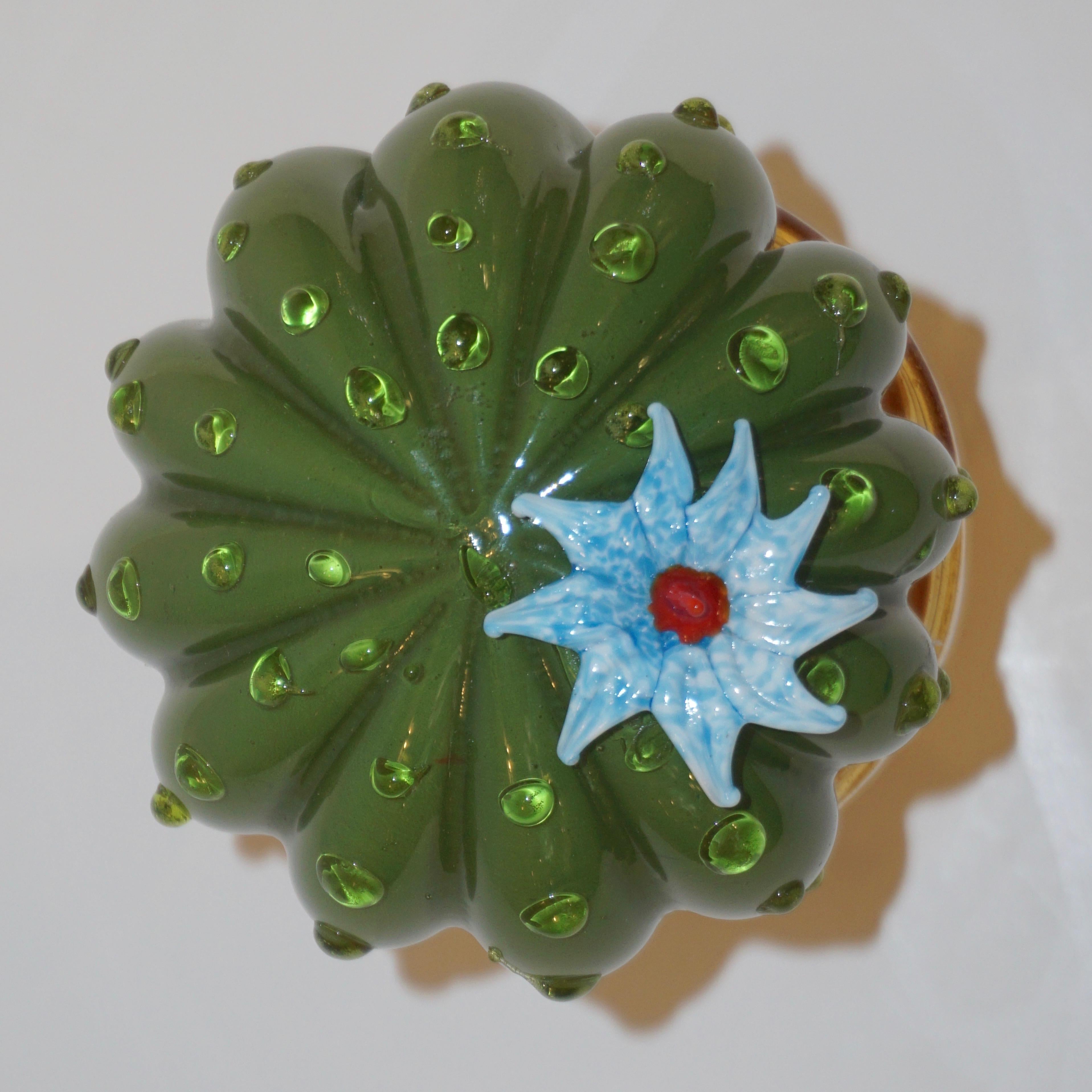 1990s Vintage Italian Green Murano Glass Small Cactus Plant with Blue Flower 3