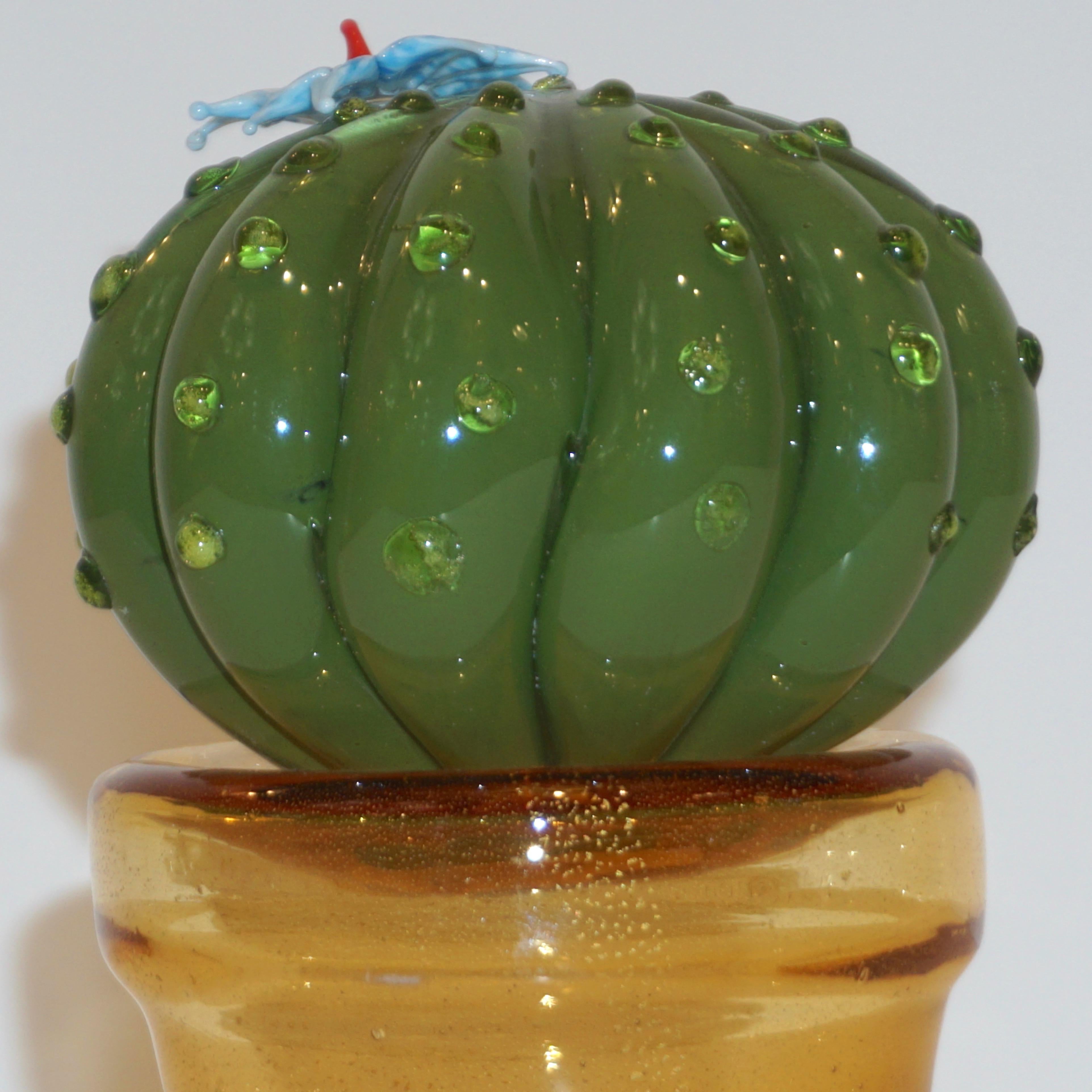 Organic Modern 1990s Vintage Italian Green Murano Glass Small Cactus Plant with Blue Flower
