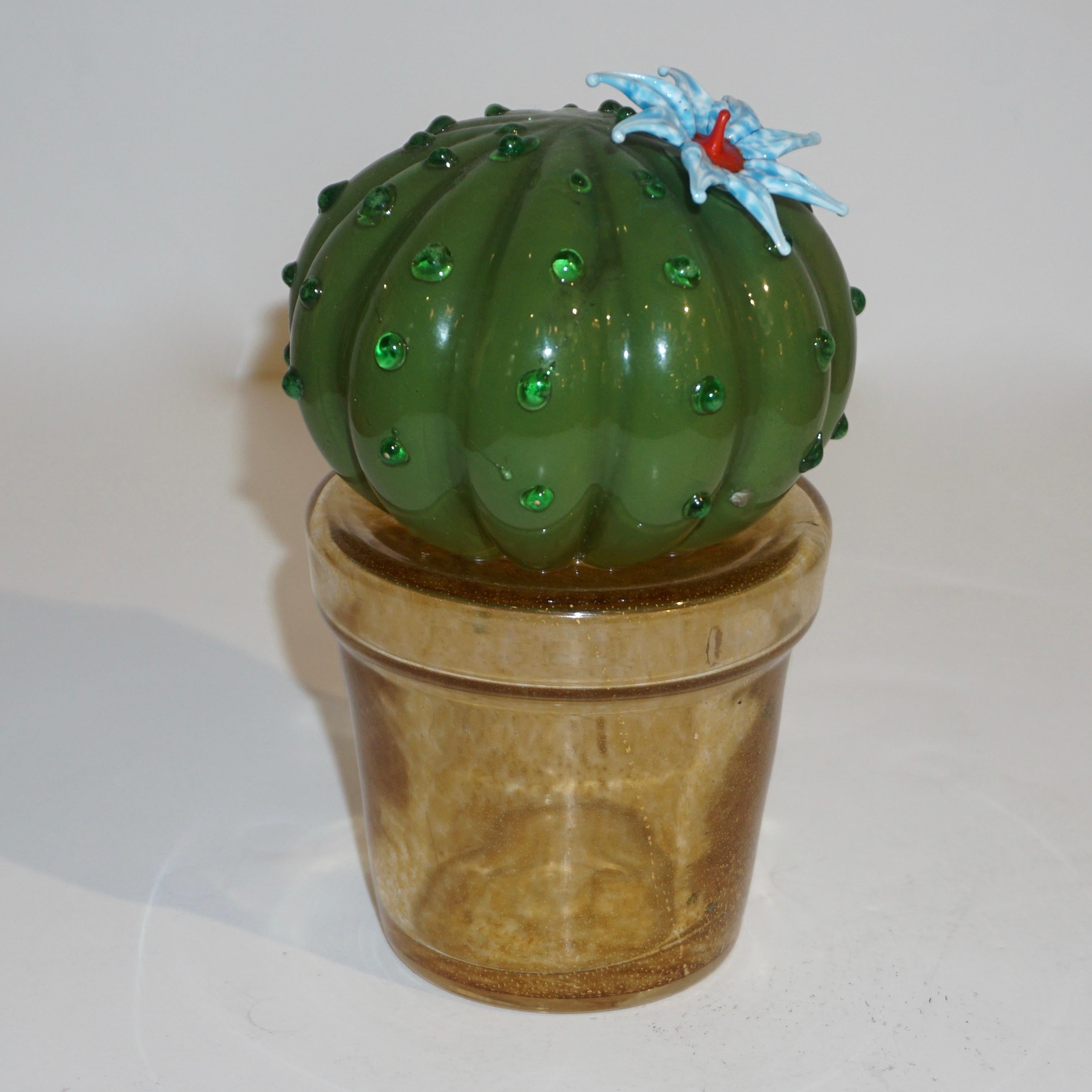 Organic Modern 1990s Vintage Italian Green Murano Glass Small Cactus Plant with Blue Flower