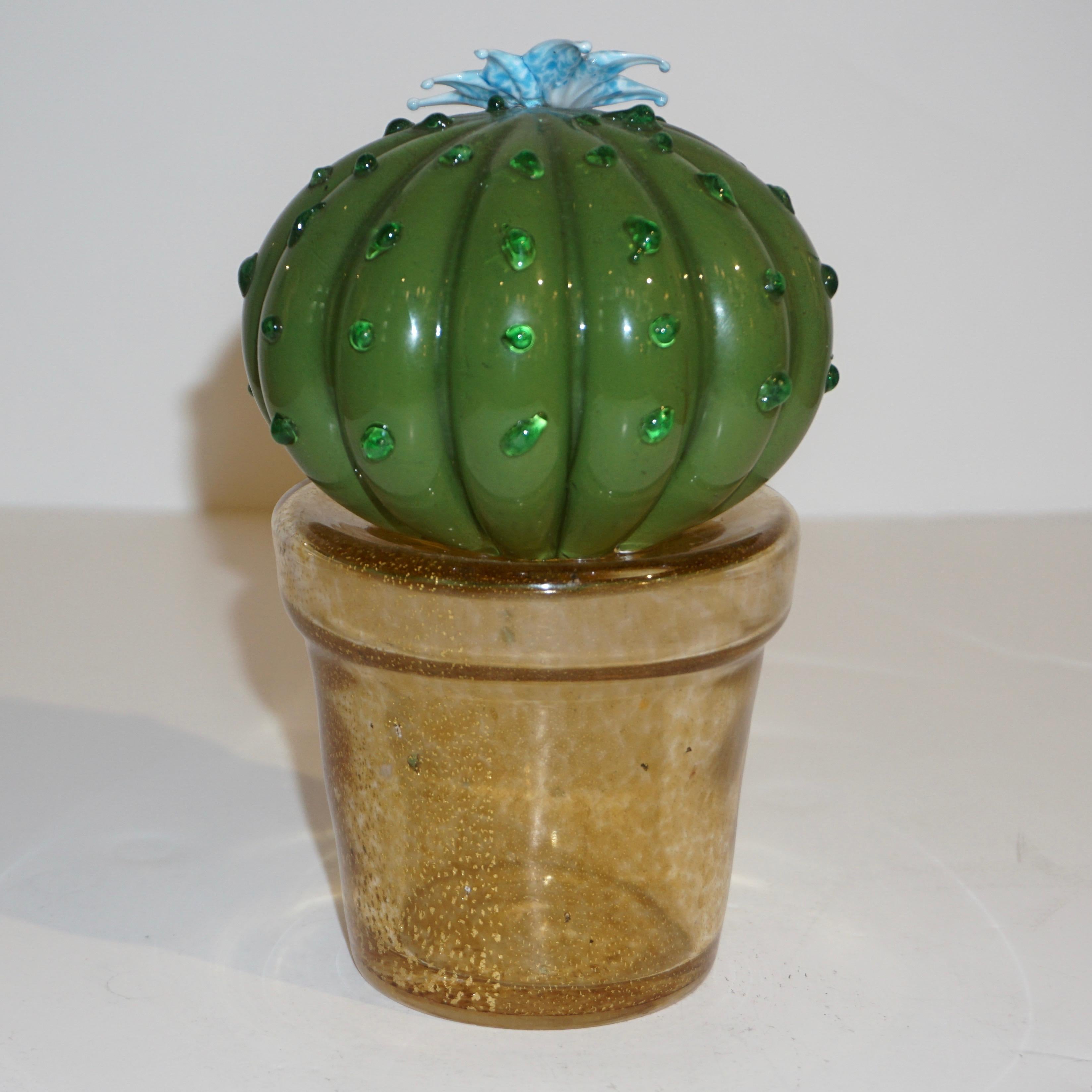 Hand-Crafted 1990s Vintage Italian Green Murano Glass Small Cactus Plant with Blue Flower