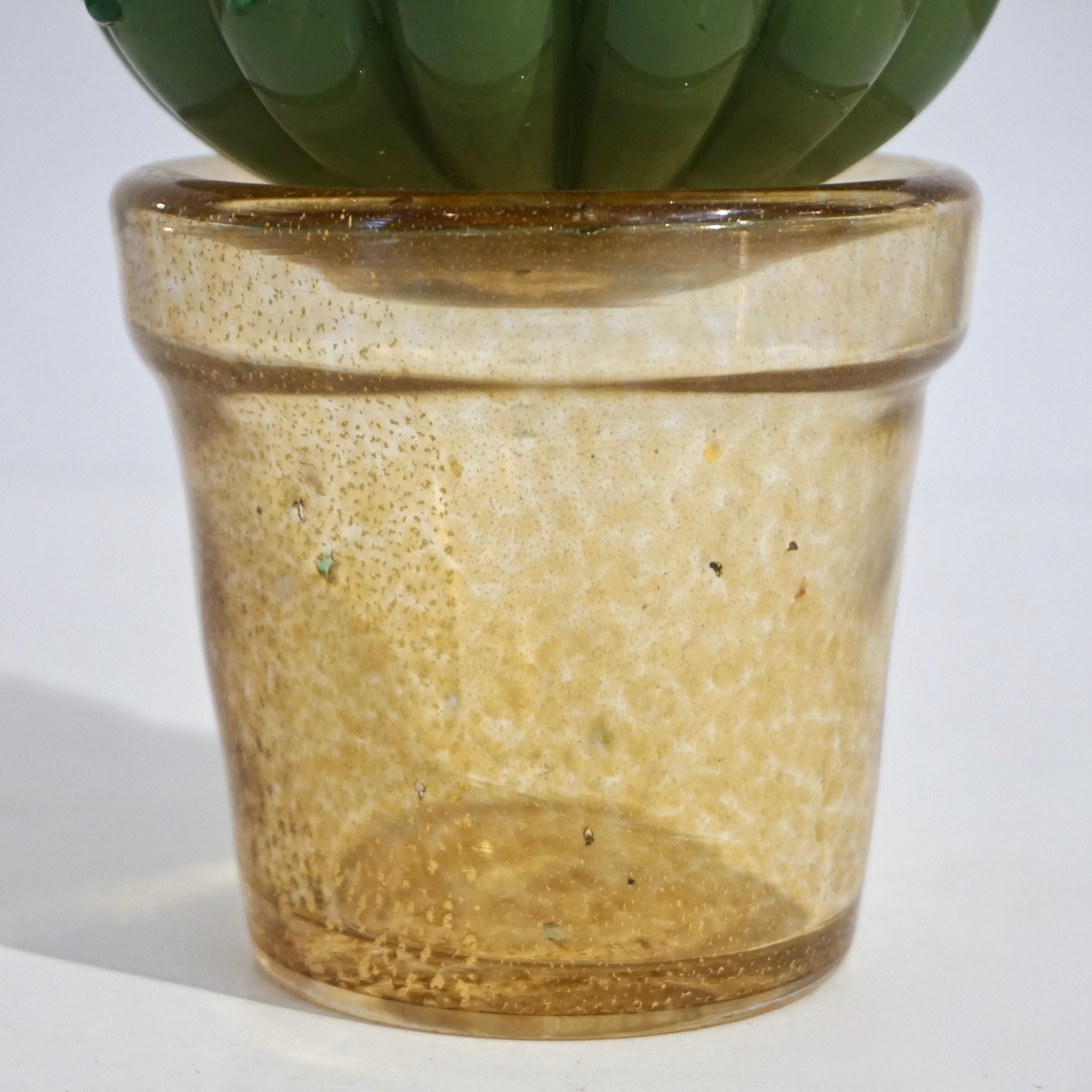 1990s Vintage Italian Green Murano Glass Small Cactus Plant with Blue Flower In Excellent Condition In New York, NY