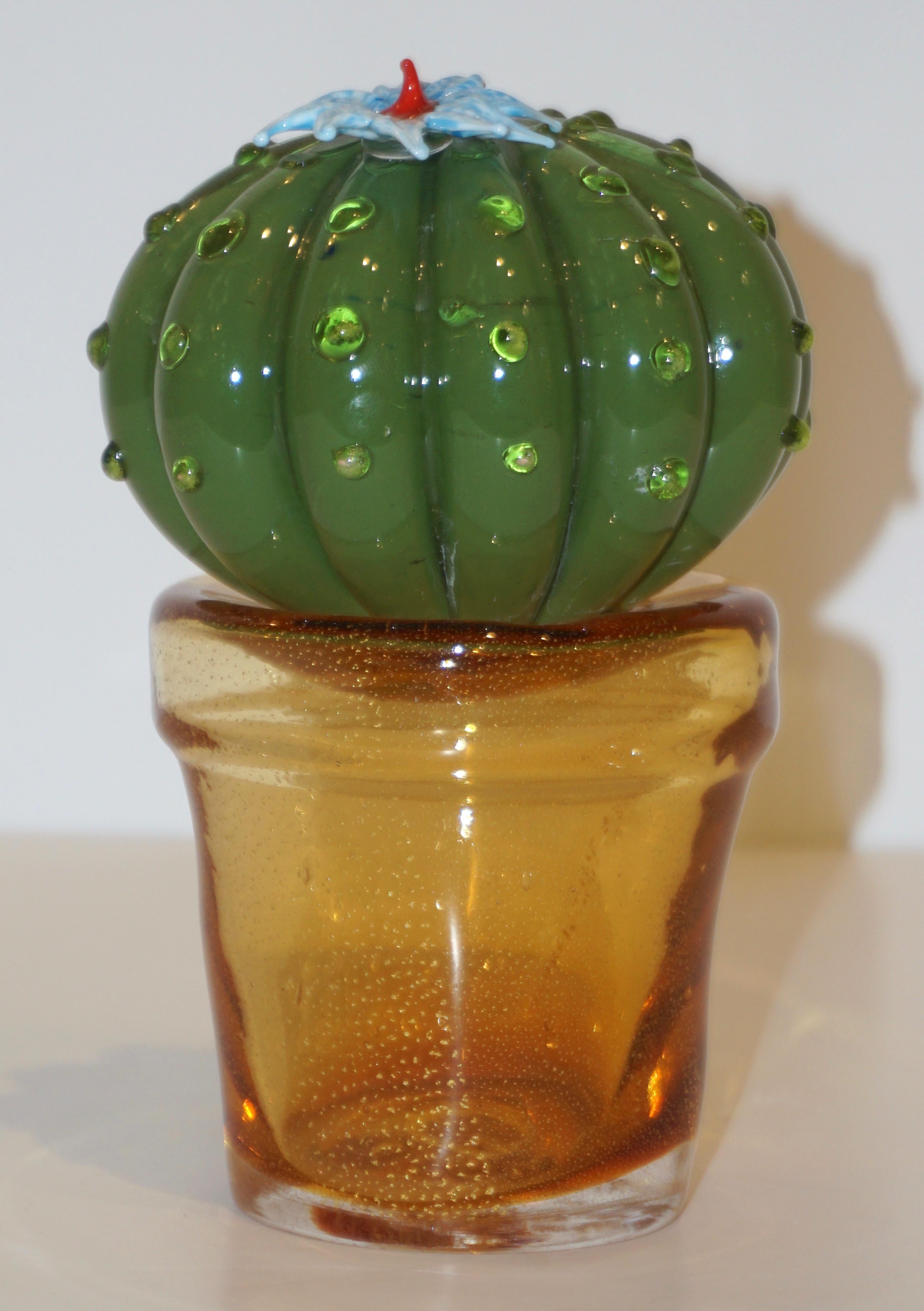 Late 20th Century 1990s Vintage Italian Green Murano Glass Small Cactus Plant with Blue Flower