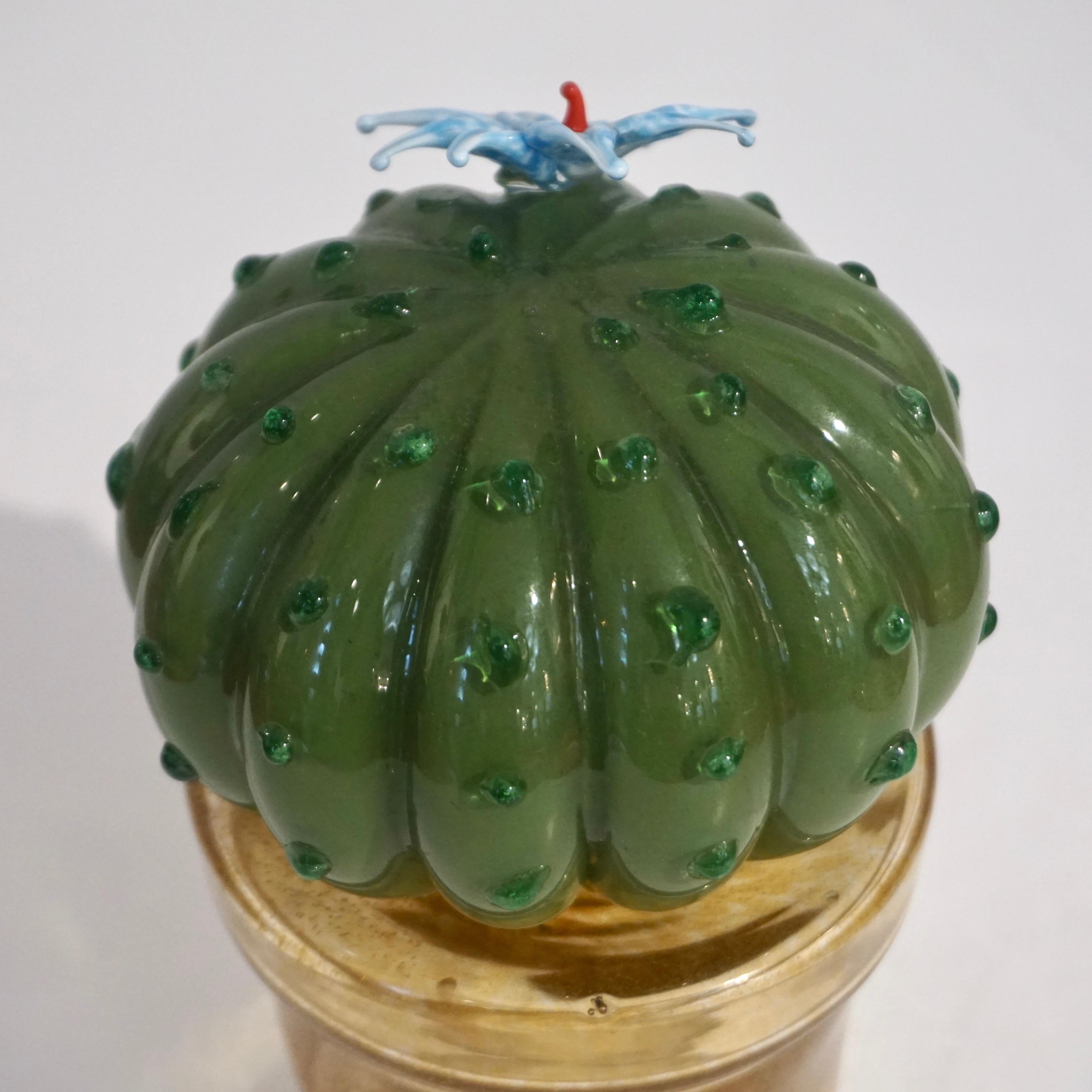 Late 20th Century 1990s Vintage Italian Green Murano Glass Small Cactus Plant with Blue Flower