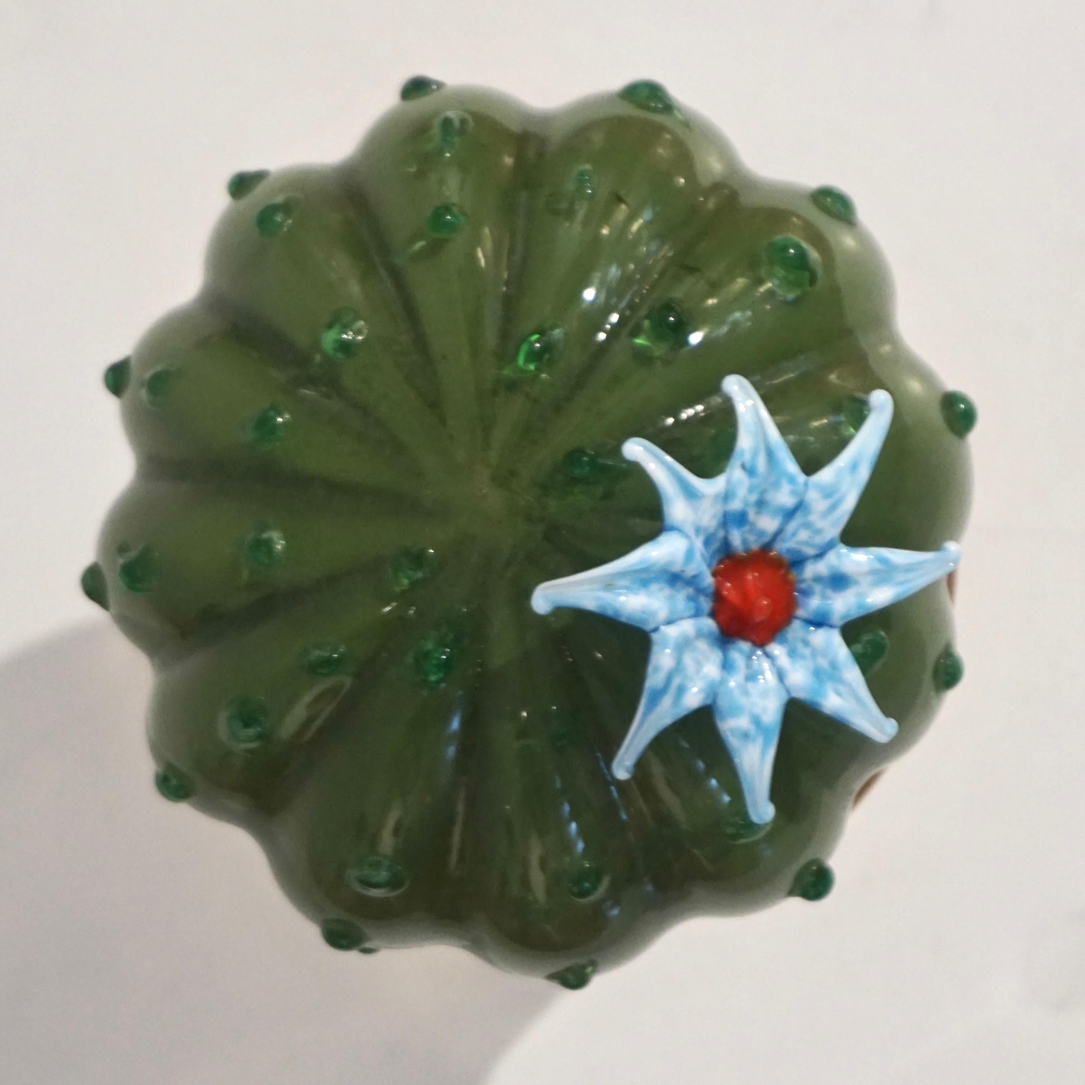 Art Glass 1990s Vintage Italian Green Murano Glass Small Cactus Plant with Blue Flower