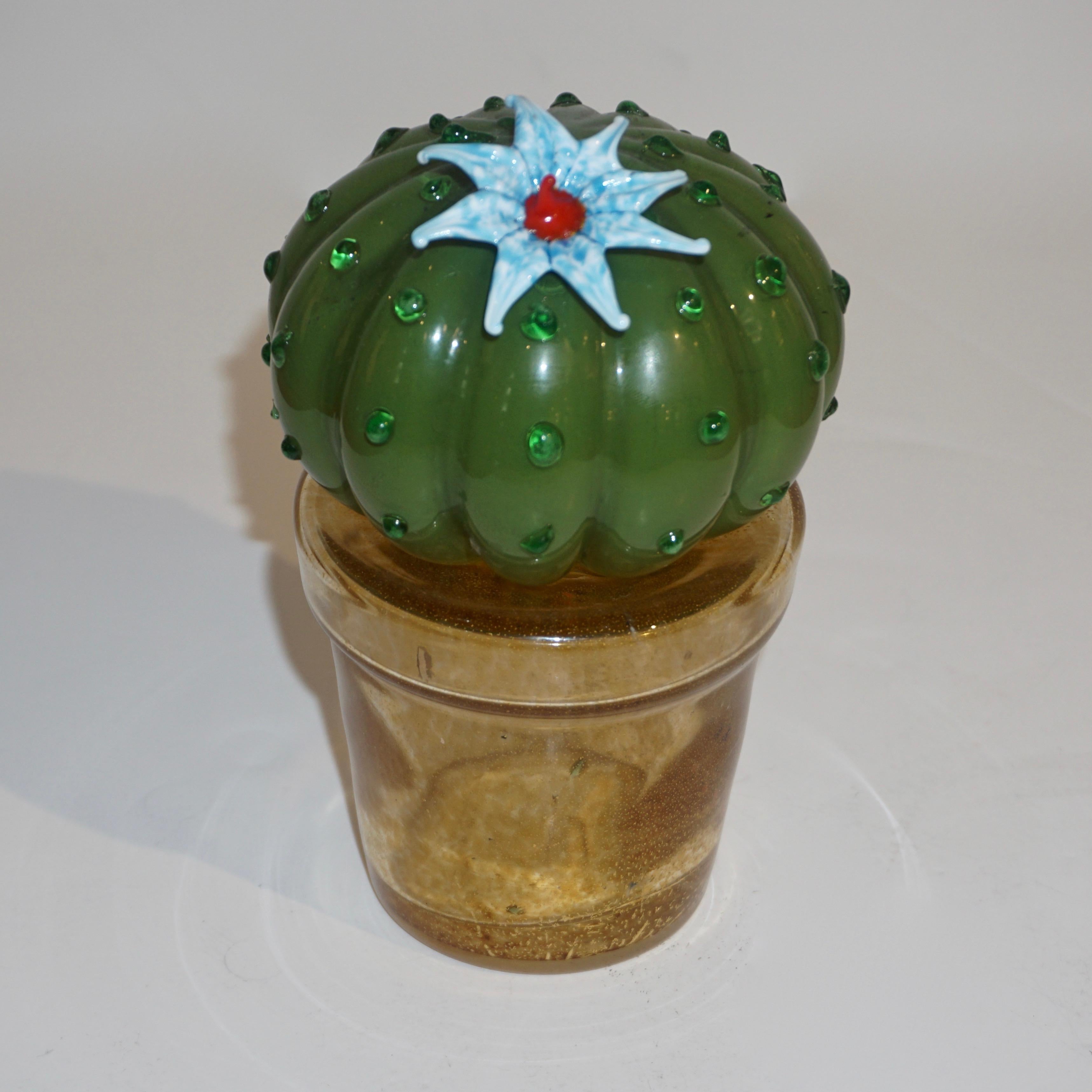 1990s Vintage Italian Green Murano Glass Small Cactus Plant with Blue Flower 1