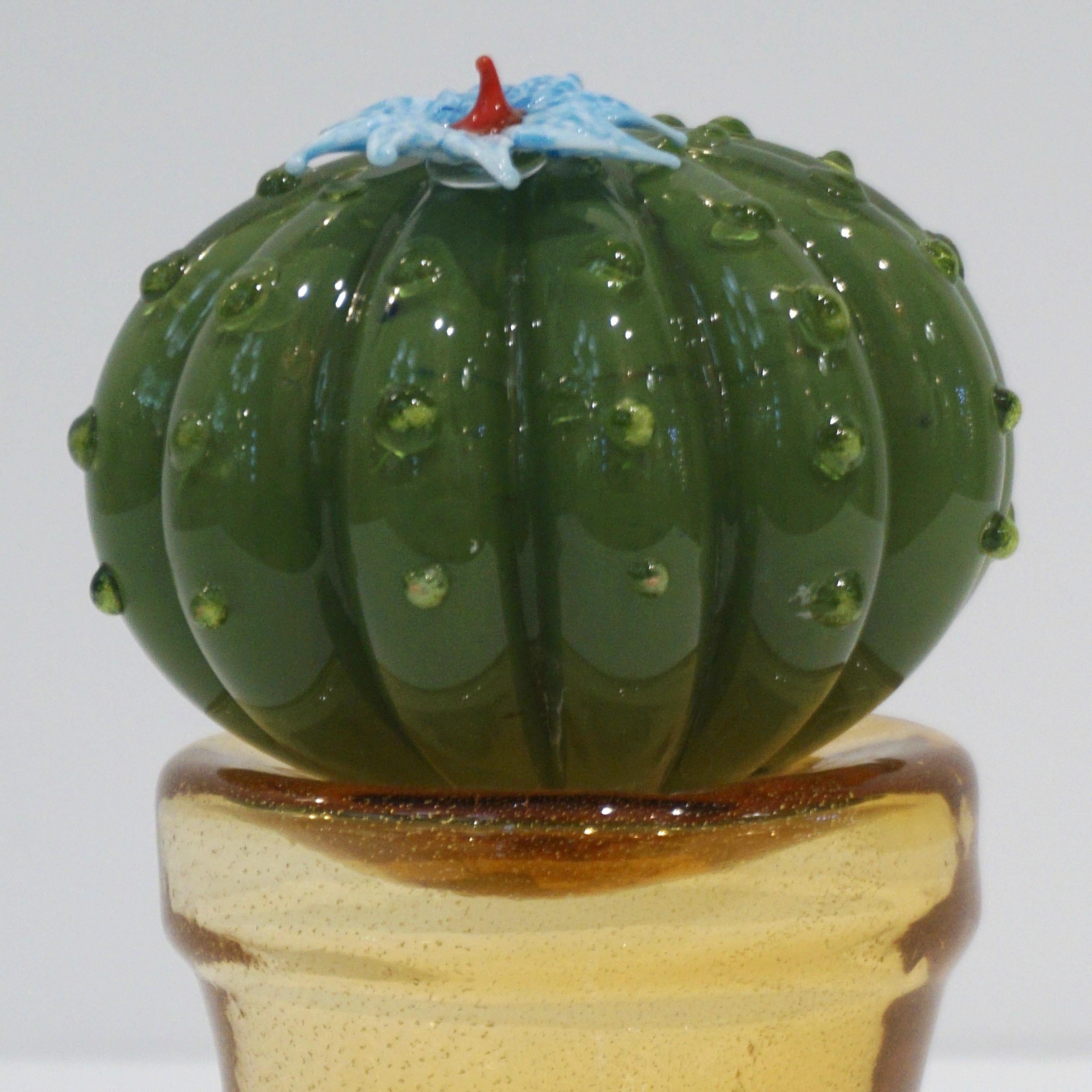 1990s Vintage Italian Green Murano Glass Small Cactus Plant with Blue Flower 2