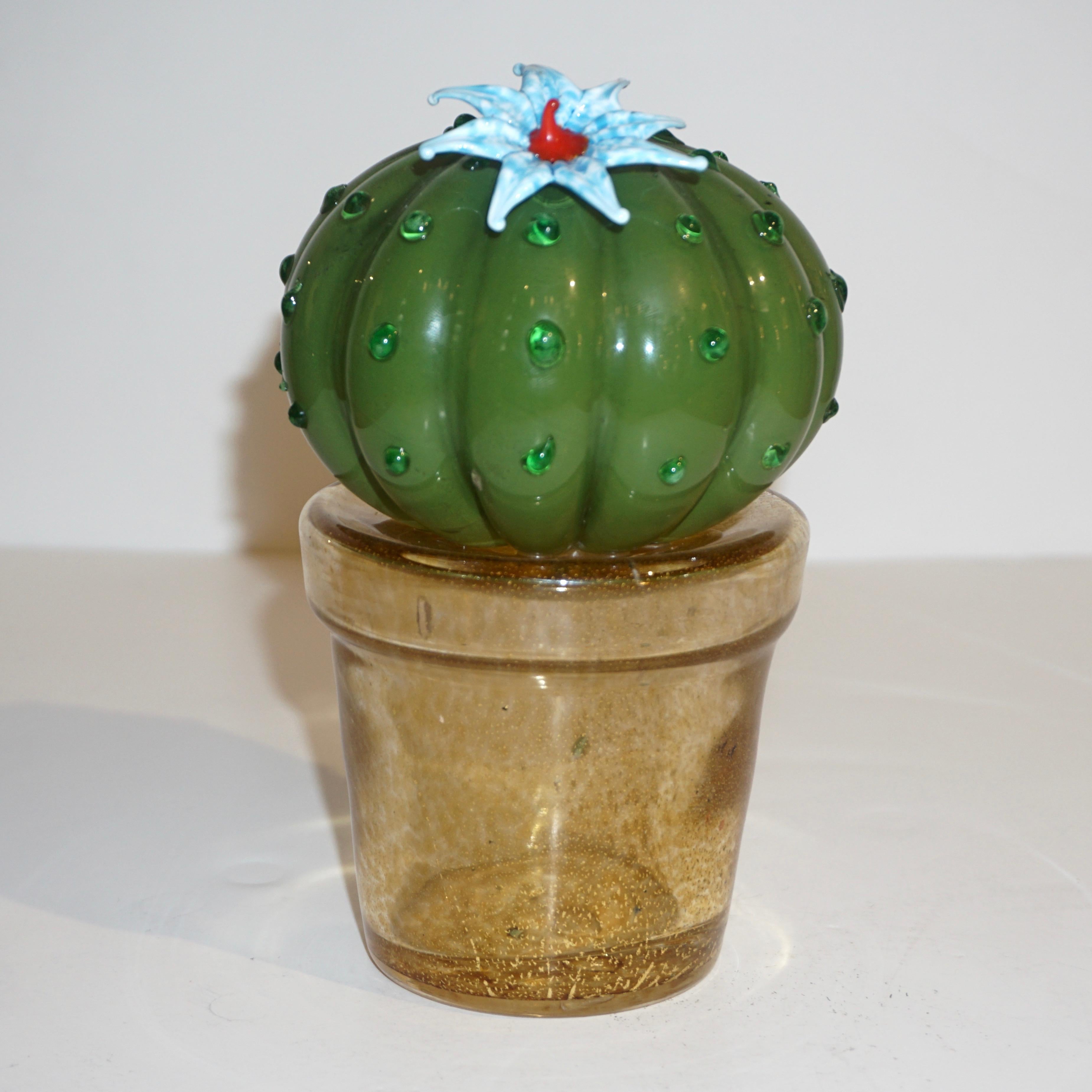 1990s Vintage Italian Green Murano Glass Small Cactus Plant with Blue Flower 2