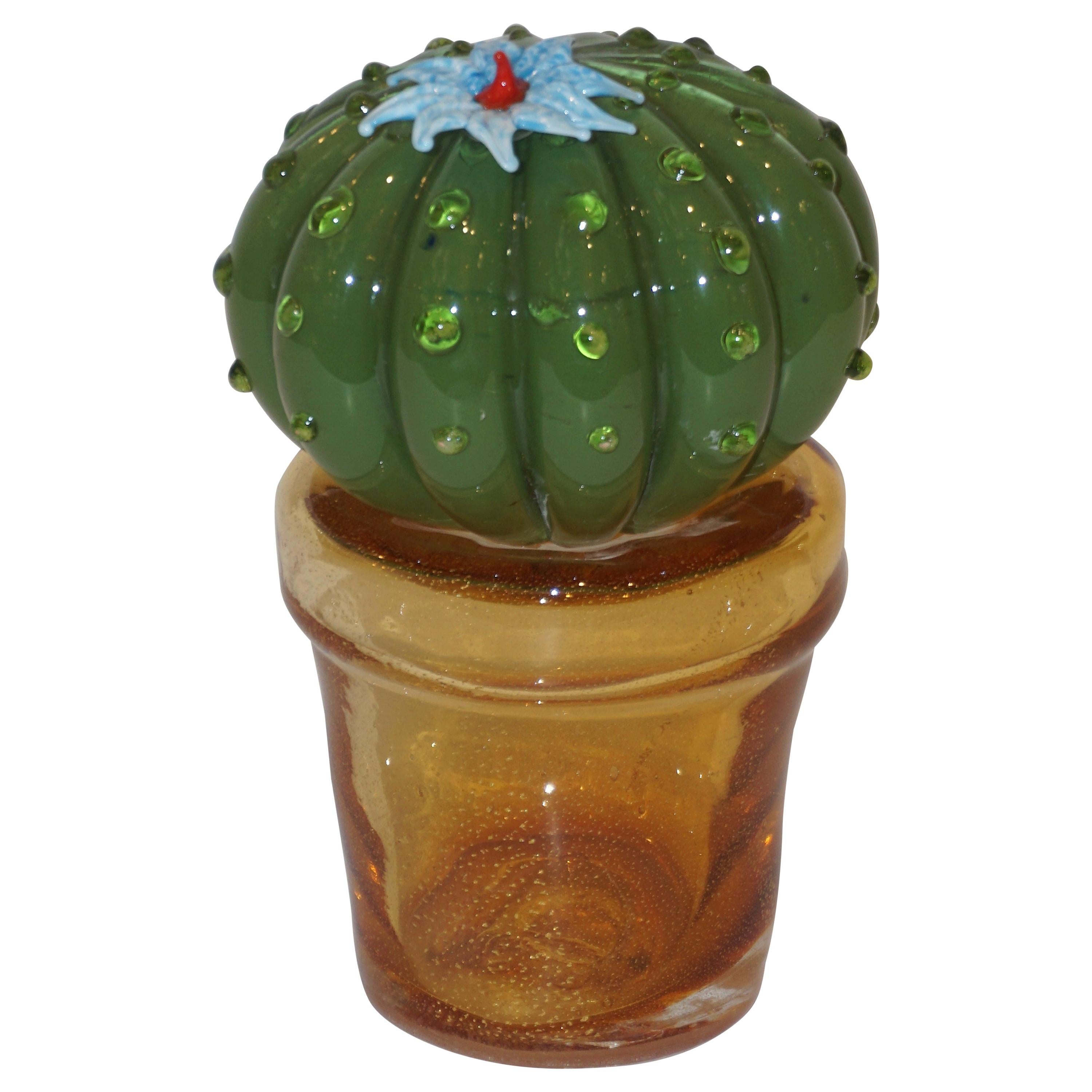 1990s Vintage Italian Green Murano Glass Small Cactus Plant with Blue Flower