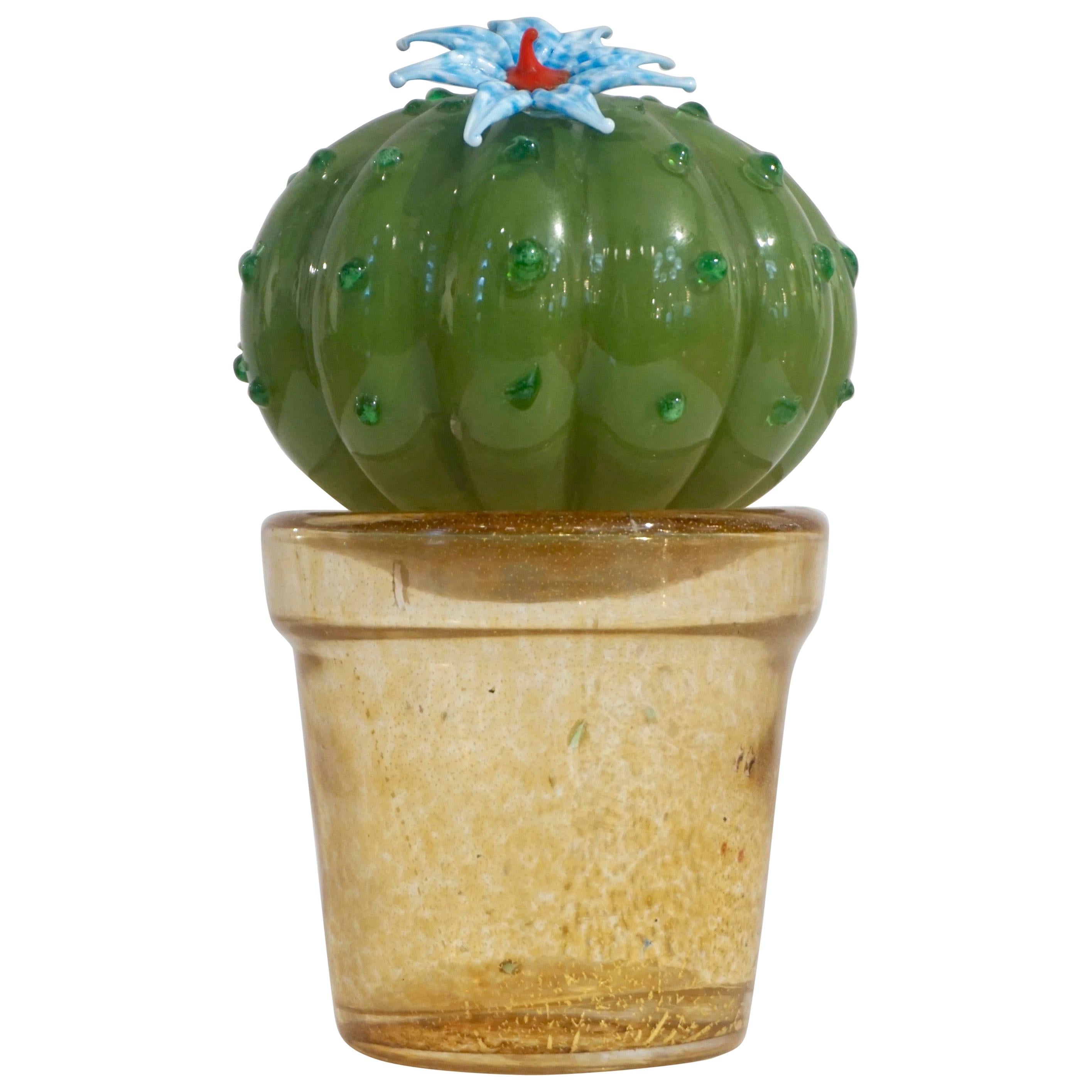 1990s Vintage Italian Green Murano Glass Small Cactus Plant with Blue Flower