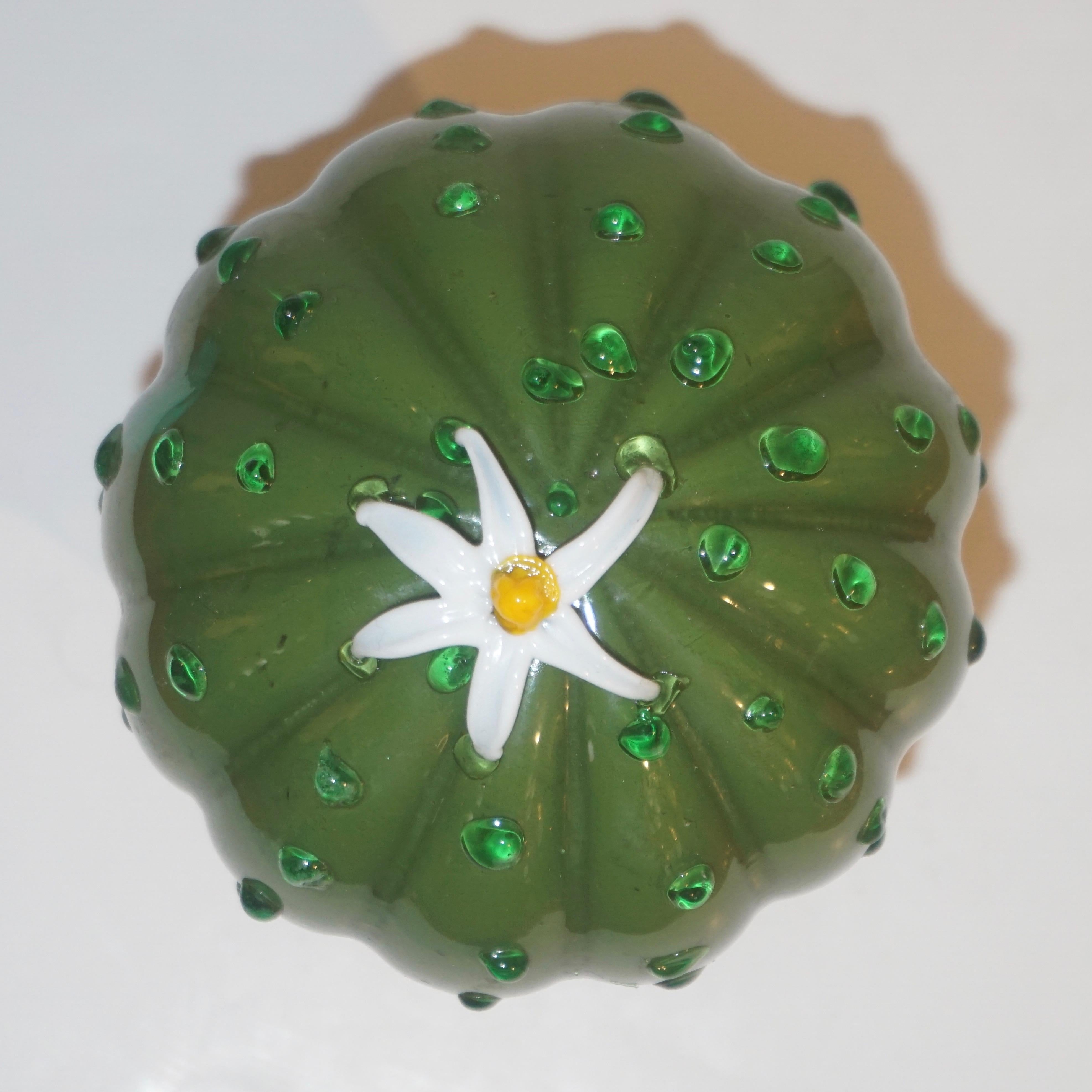 1990s Vintage Italian Green Murano Glass Small Cactus Plant with White Flower In Excellent Condition In New York, NY