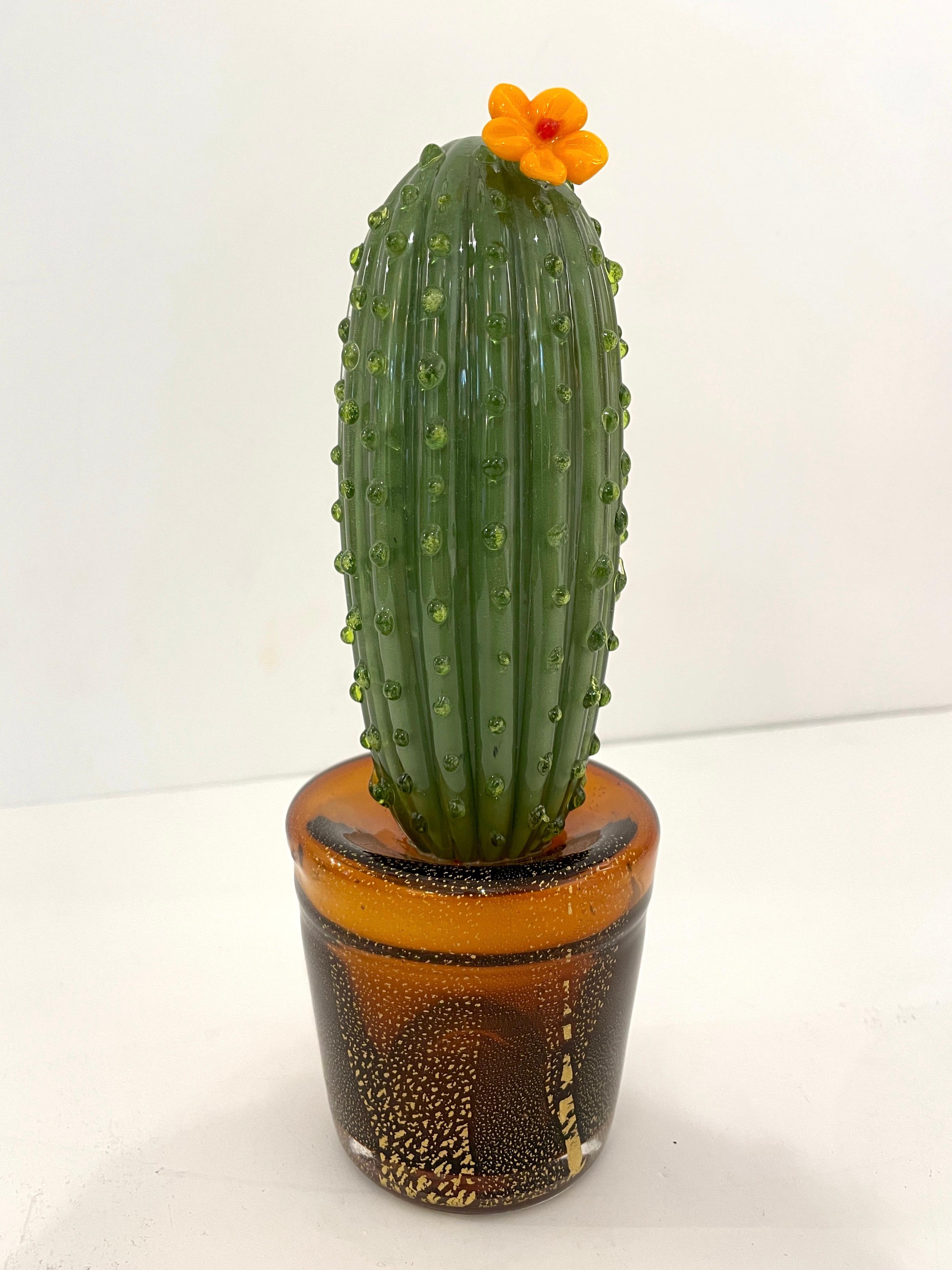 1990s Vintage Italian Green Murano Glass Tall Cactus Plant with Orange Flower 4