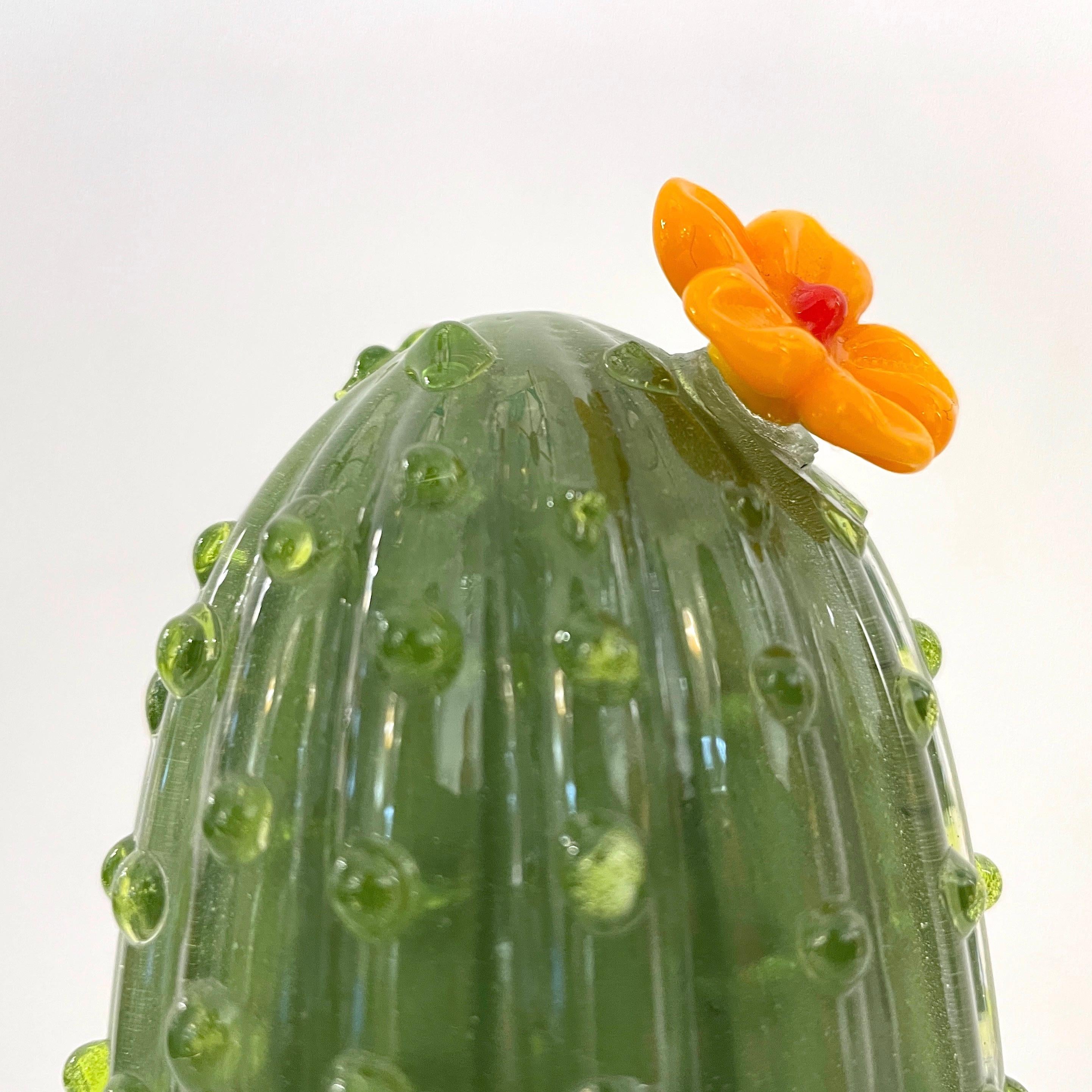 1990s Vintage Italian Green Murano Glass Tall Cactus Plant with Orange Flower 7