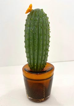 1990s Vintage Italian Green Murano Glass Tall Cactus Plant with Orange Flower