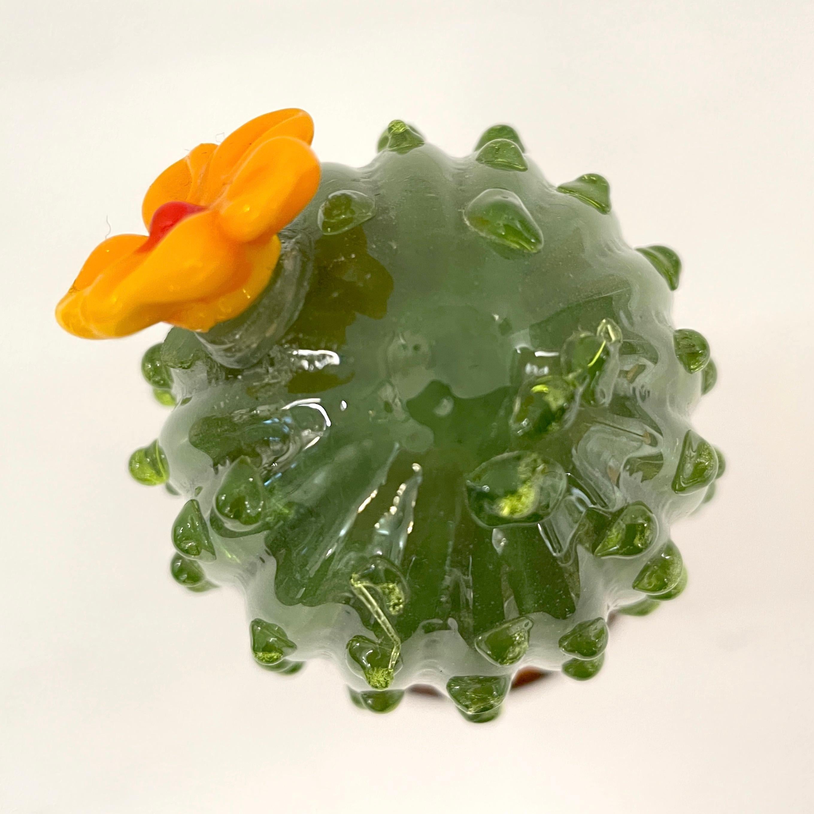 1990s Vintage Italian Green Murano Glass Tall Cactus Plant with Orange Flower In Excellent Condition In New York, NY