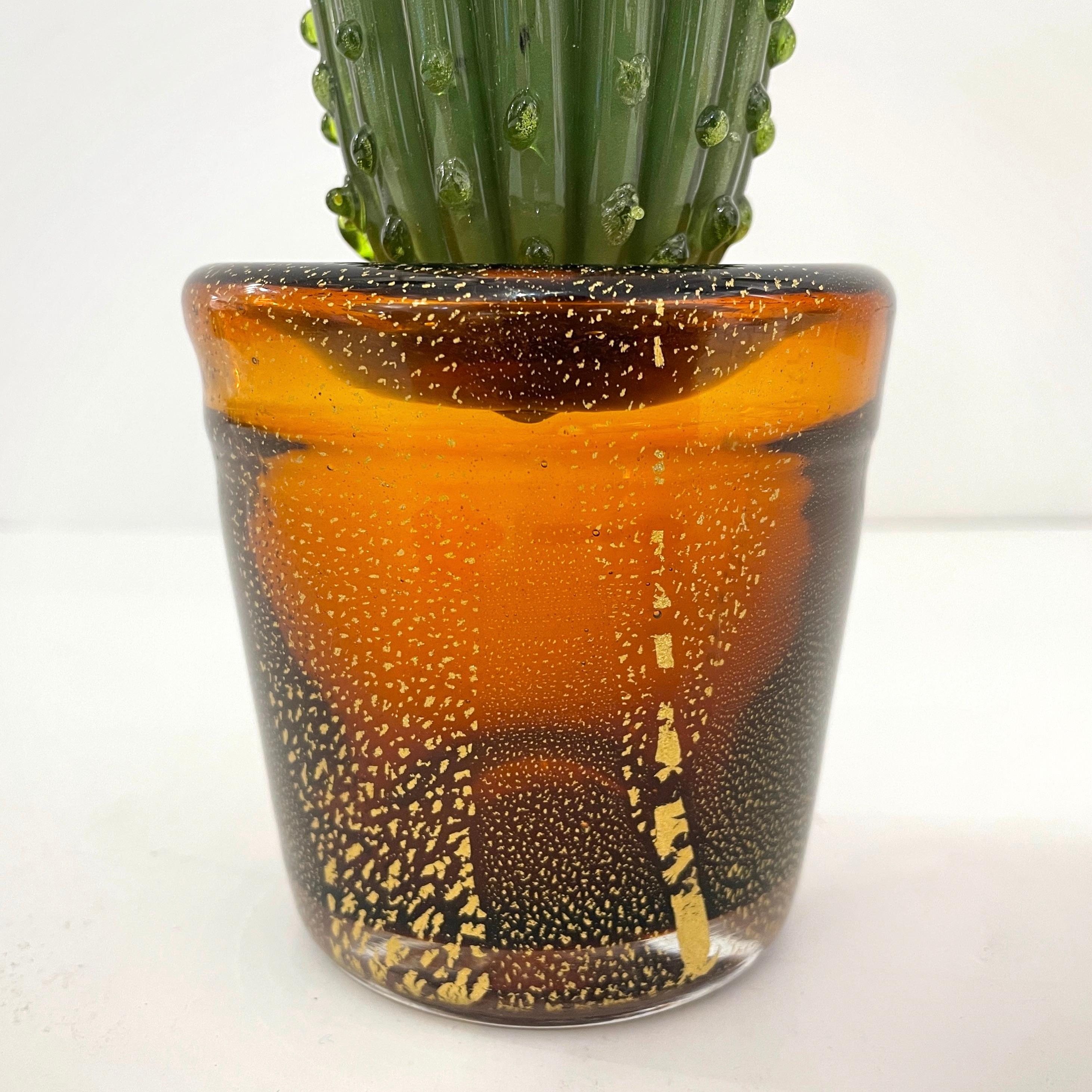Art Glass 1990s Vintage Italian Green Murano Glass Tall Cactus Plant with Orange Flower