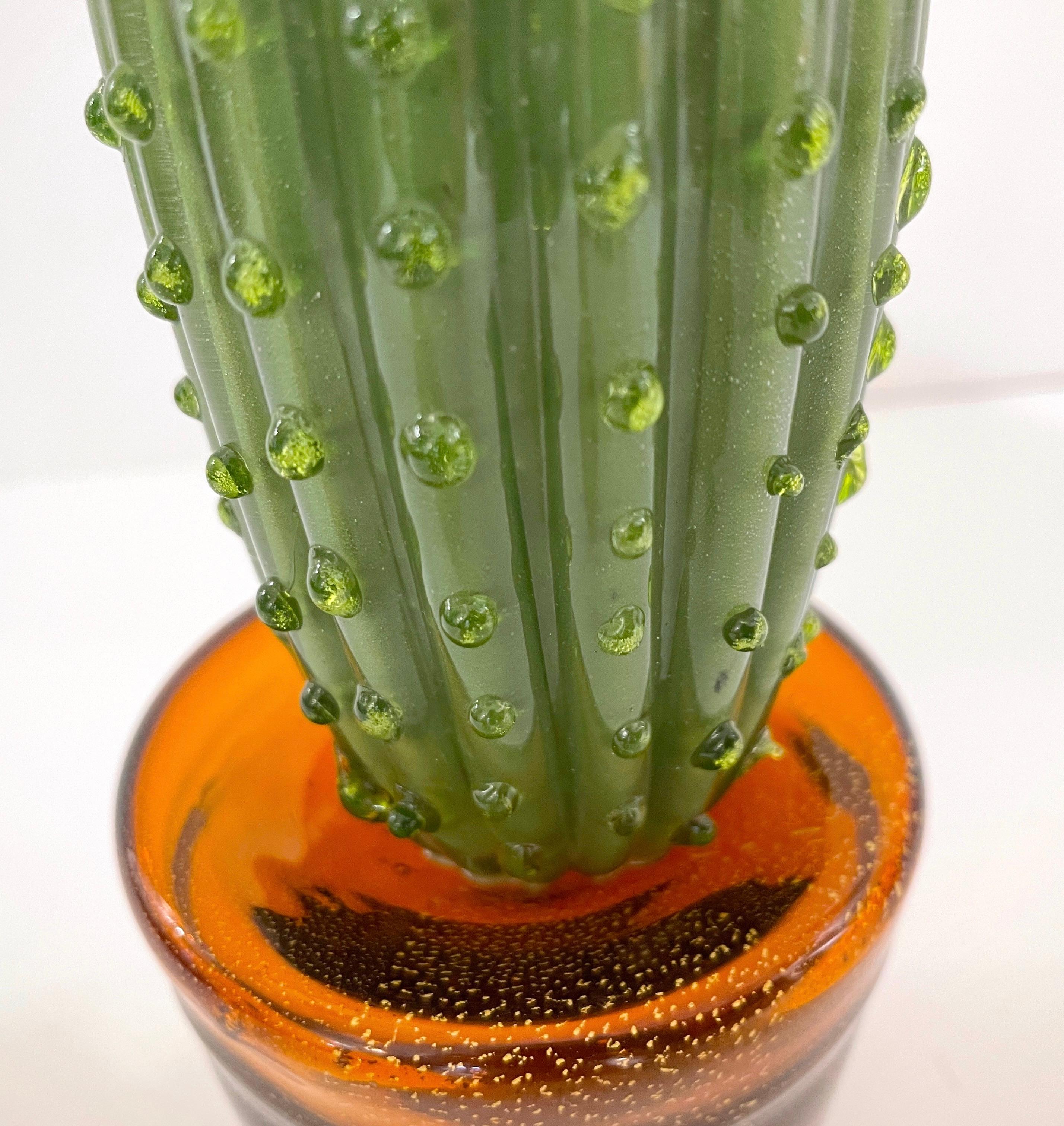 1990s Vintage Italian Green Murano Glass Tall Cactus Plant with Orange Flower 1