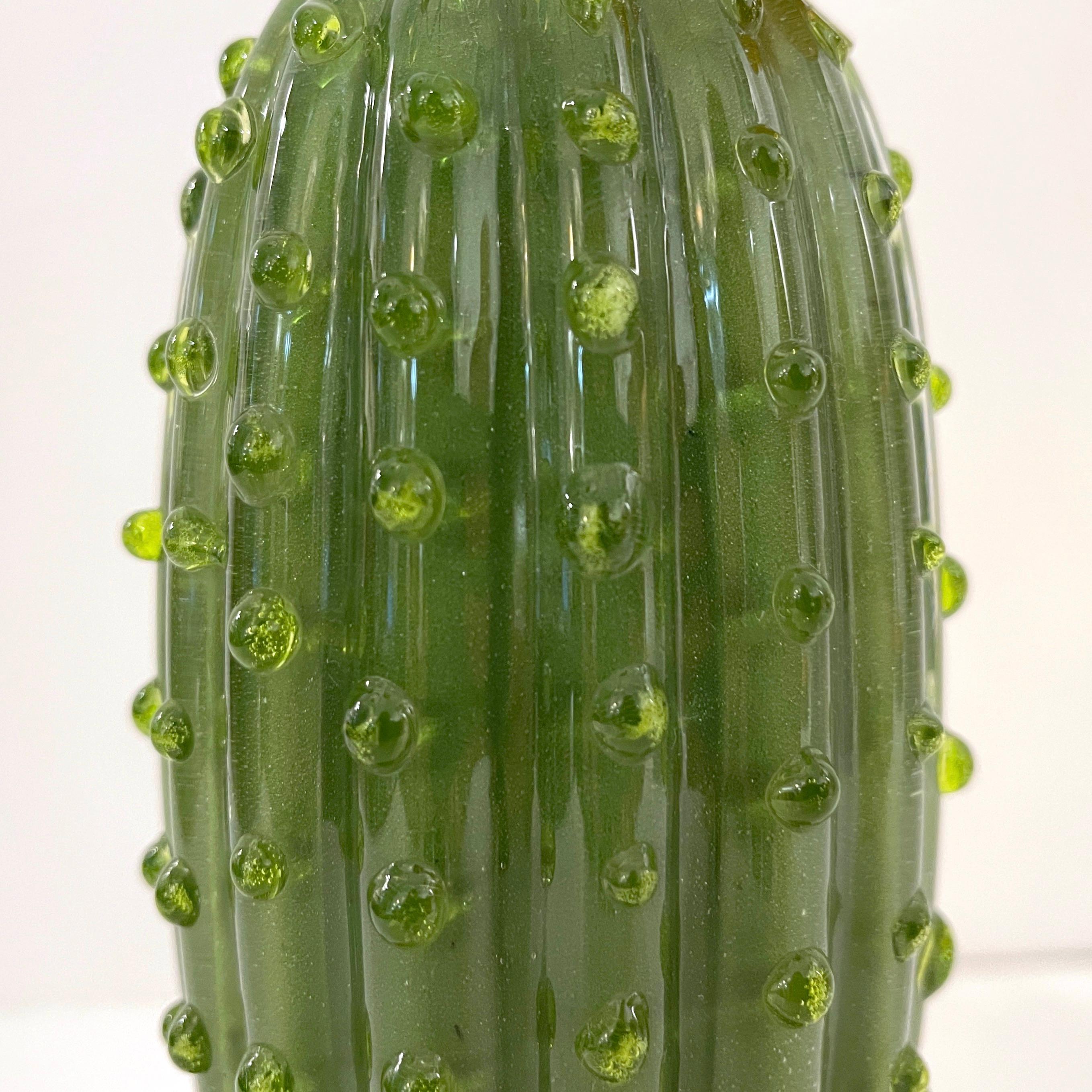 1990s Vintage Italian Green Murano Glass Tall Cactus Plant with Orange Flower 3