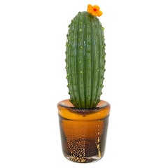 1990s Vintage Italian Green Murano Glass Tall Cactus Plant with Orange Flower