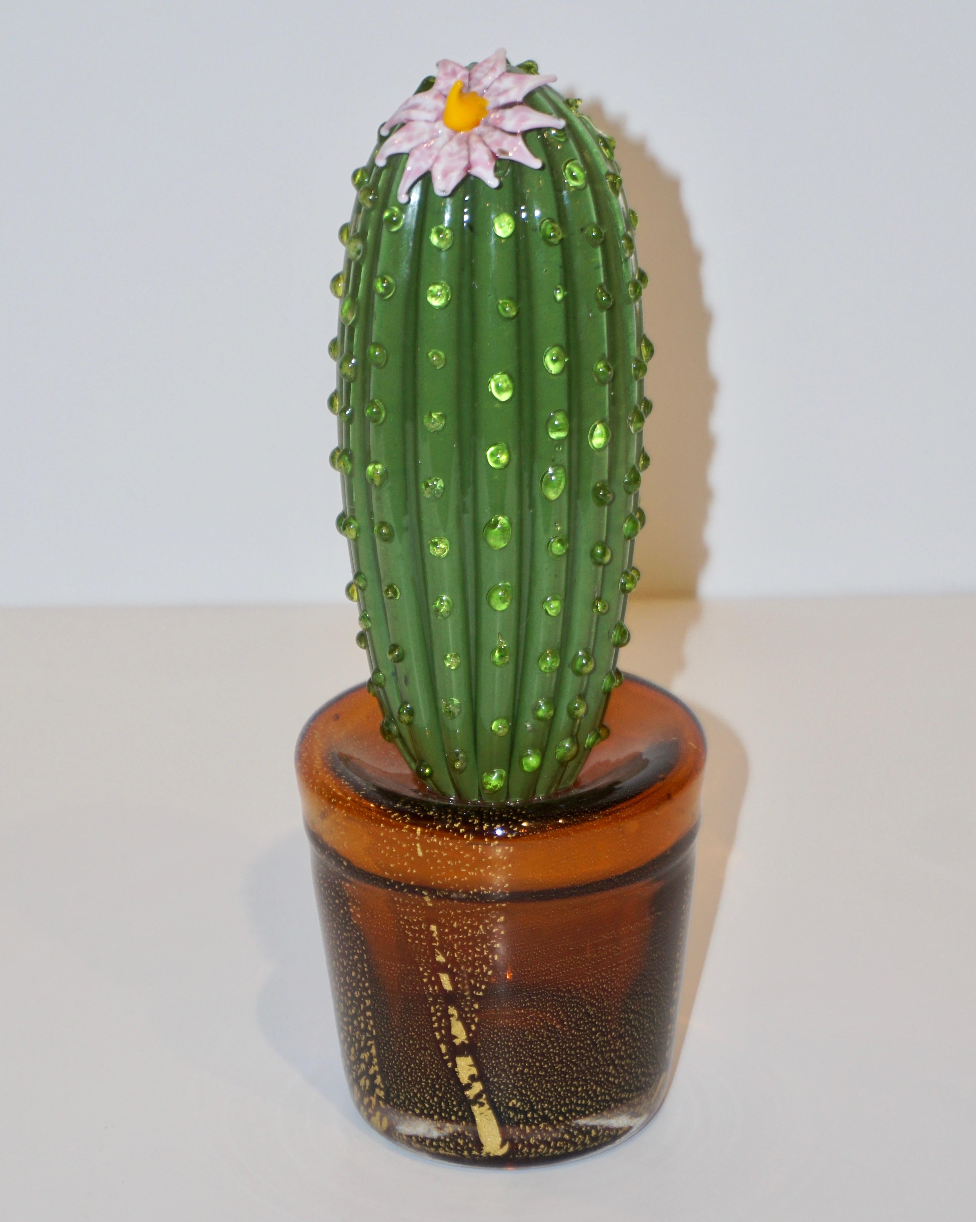 1990s Vintage Italian Green Murano Glass Tall Cactus Plant with Pink Flower 2