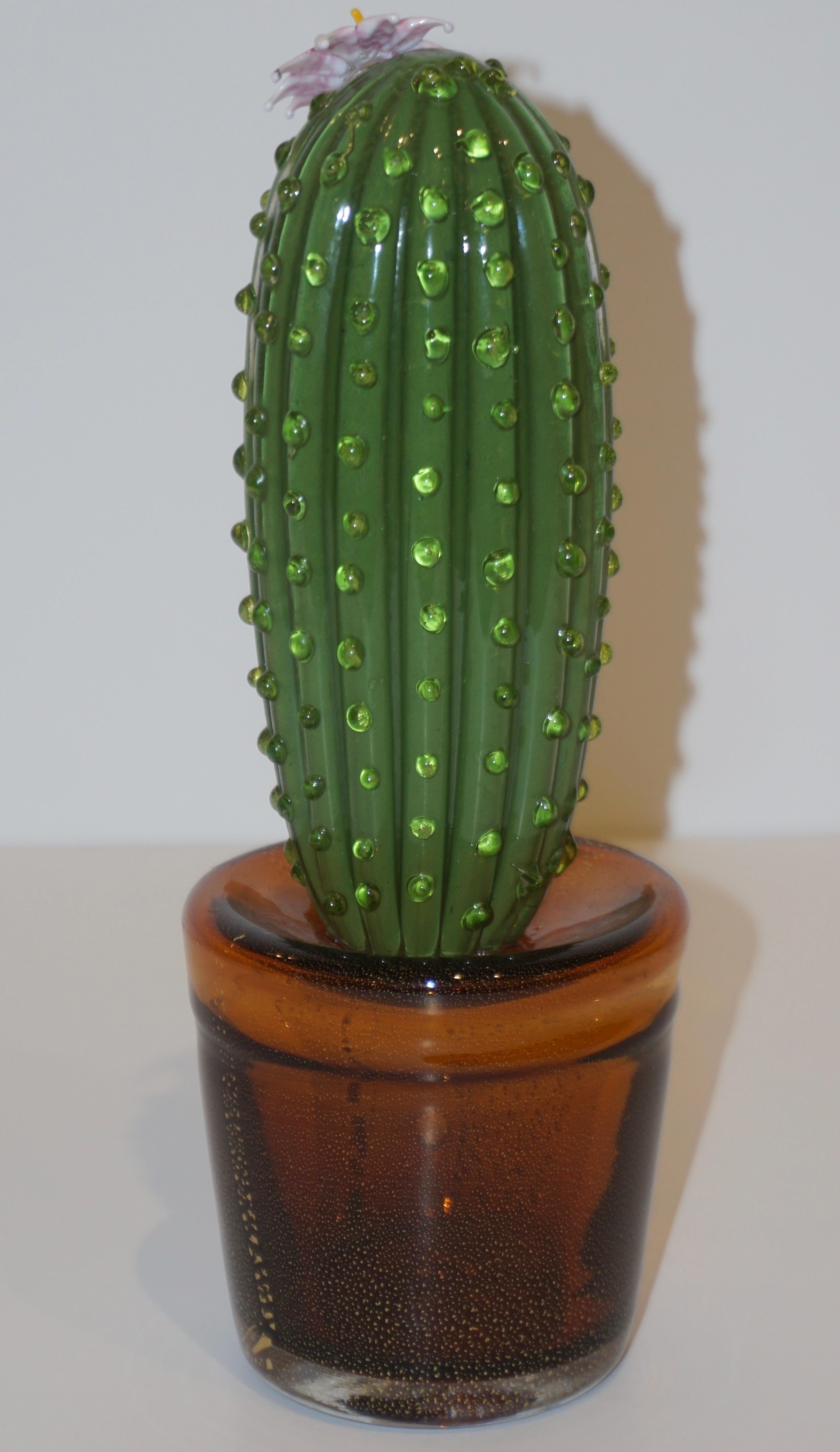 1990s Vintage Italian Green Murano Glass Tall Cactus Plant with Pink Flower 3