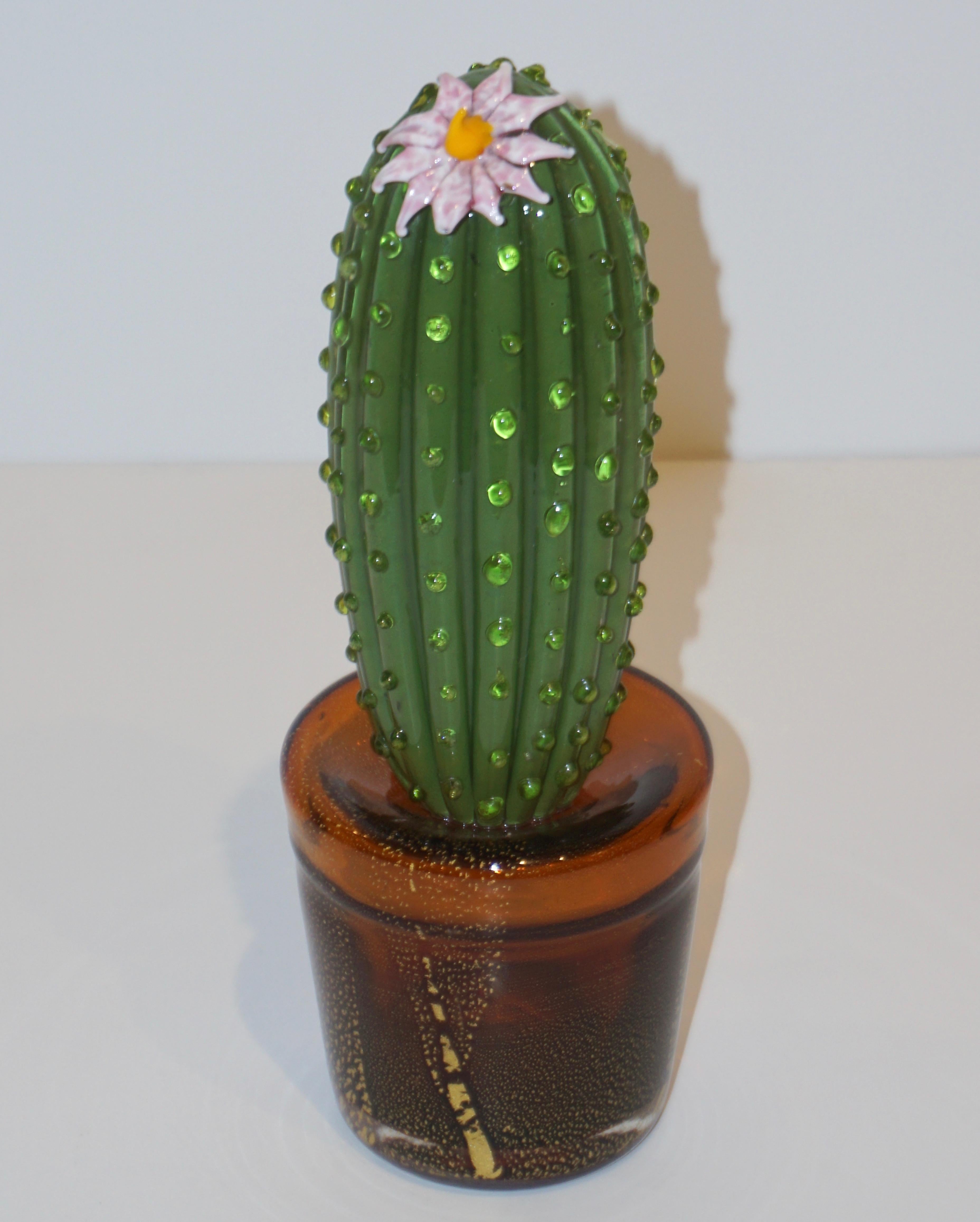 1990s Vintage Italian Green Murano Glass Tall Cactus Plant with Pink Flower 4