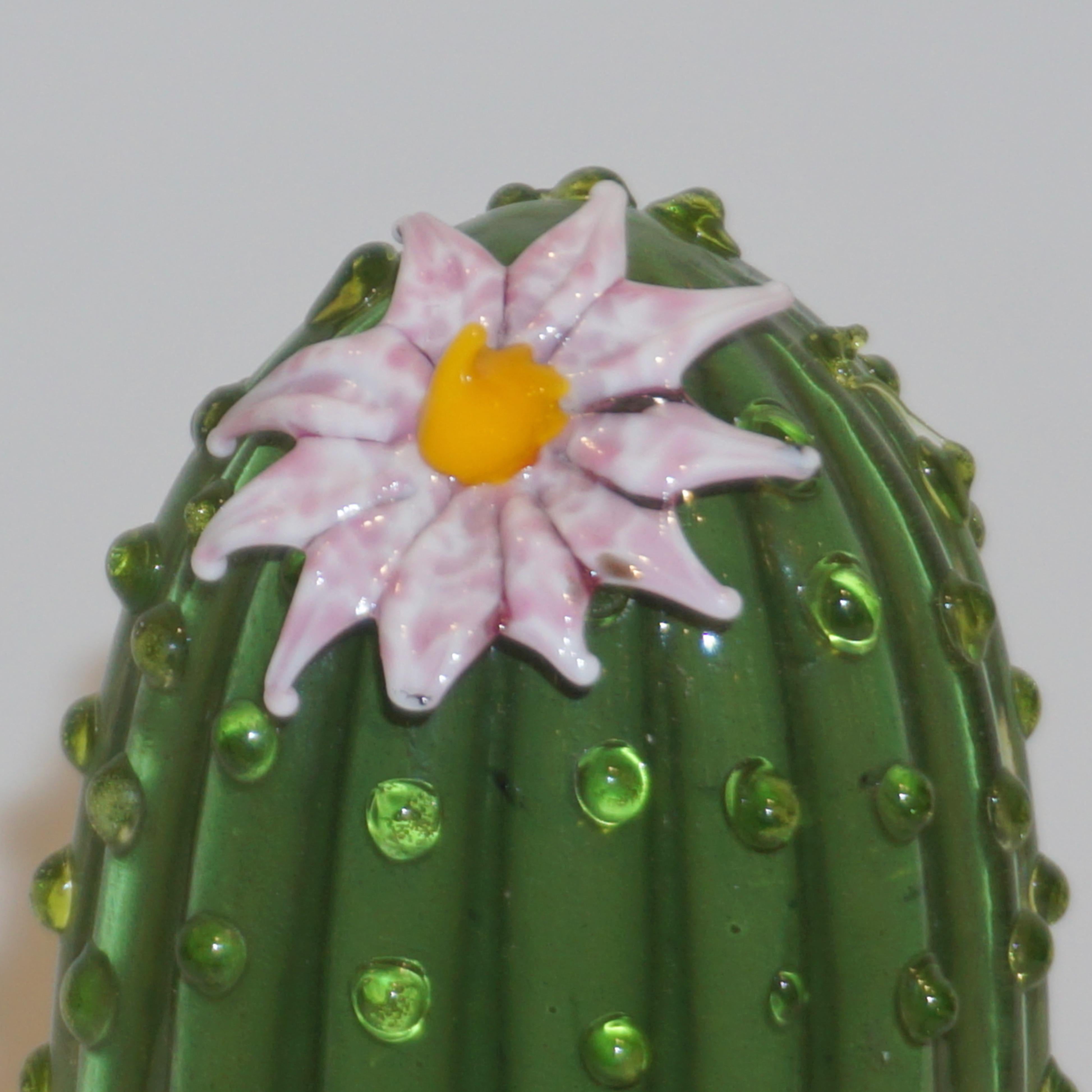 Late 20th Century 1990s Vintage Italian Green Murano Glass Tall Cactus Plant with Pink Flower