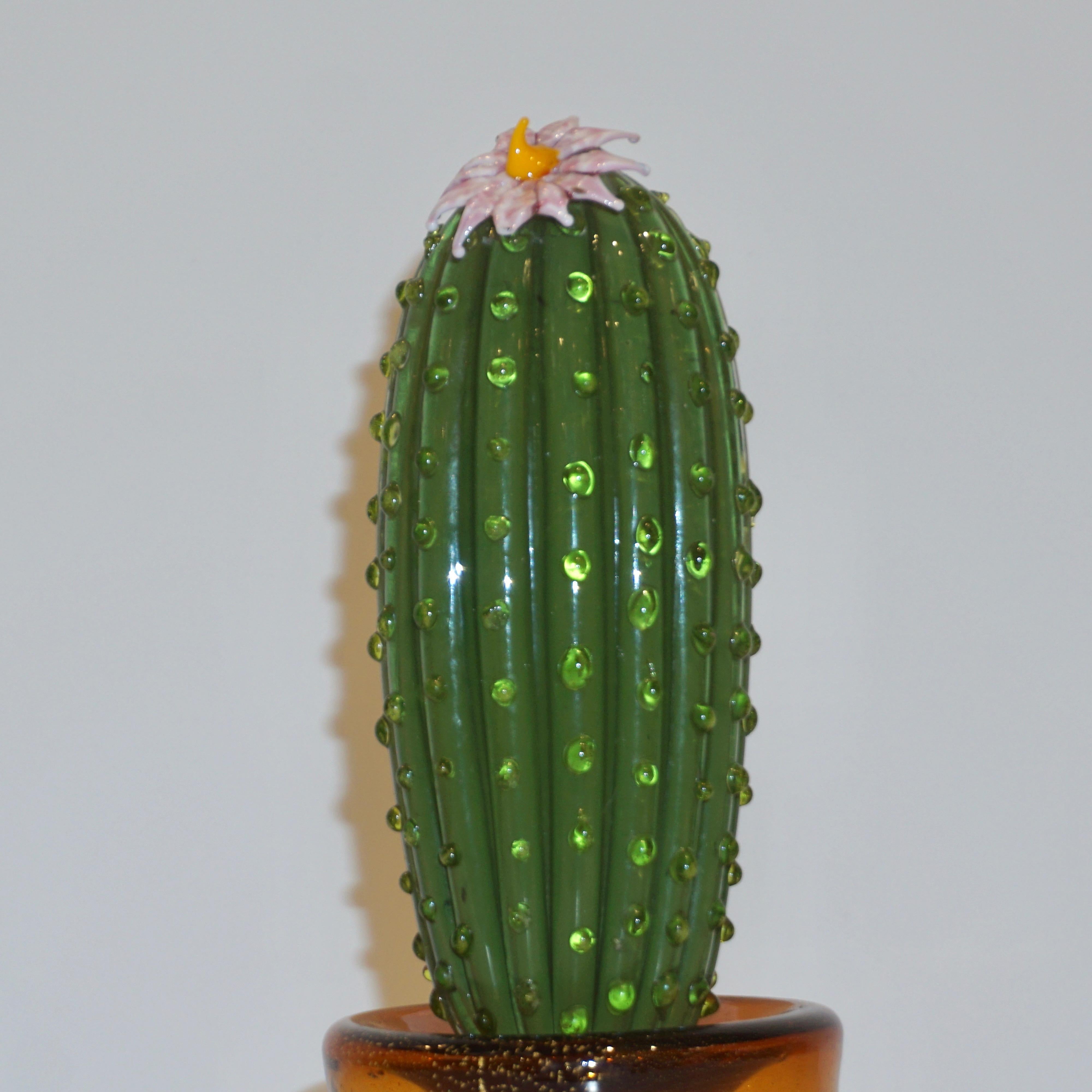 Gold 1990s Vintage Italian Green Murano Glass Tall Cactus Plant with Pink Flower
