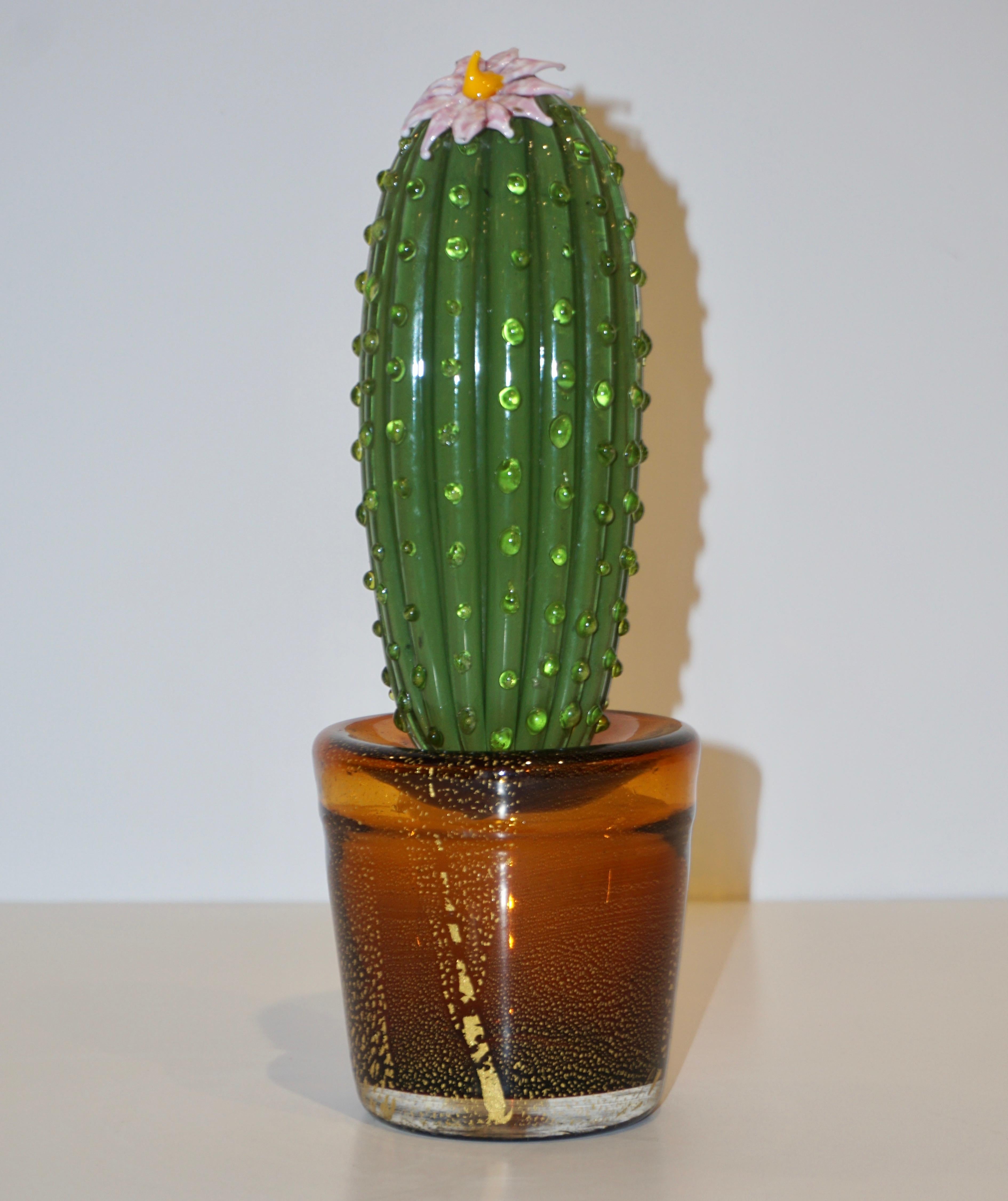 1990s Vintage Italian Green Murano Glass Tall Cactus Plant with Pink Flower 1