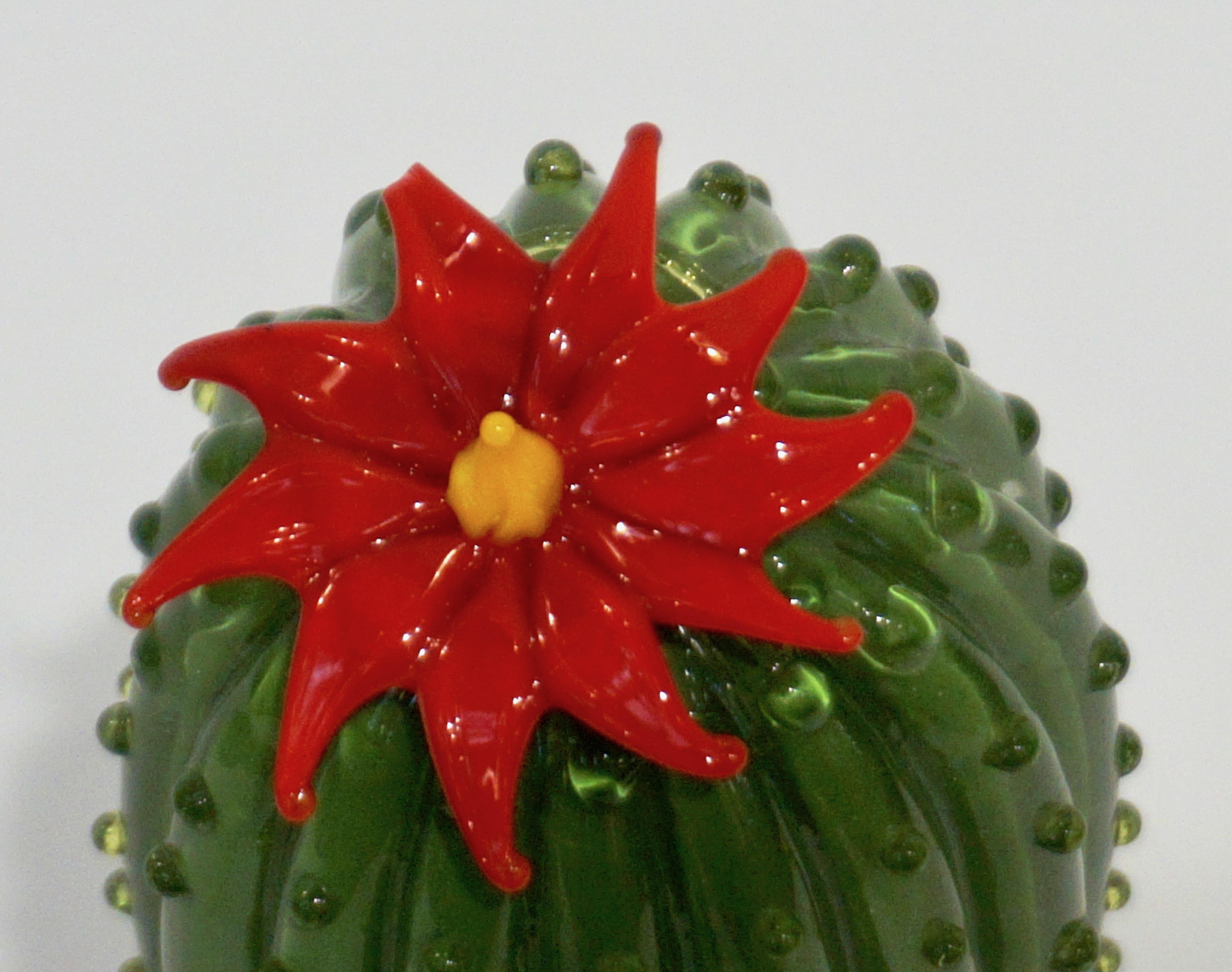 1990s Vintage Italian Green Murano Glass Tall Cactus Plant with Red Flower 3