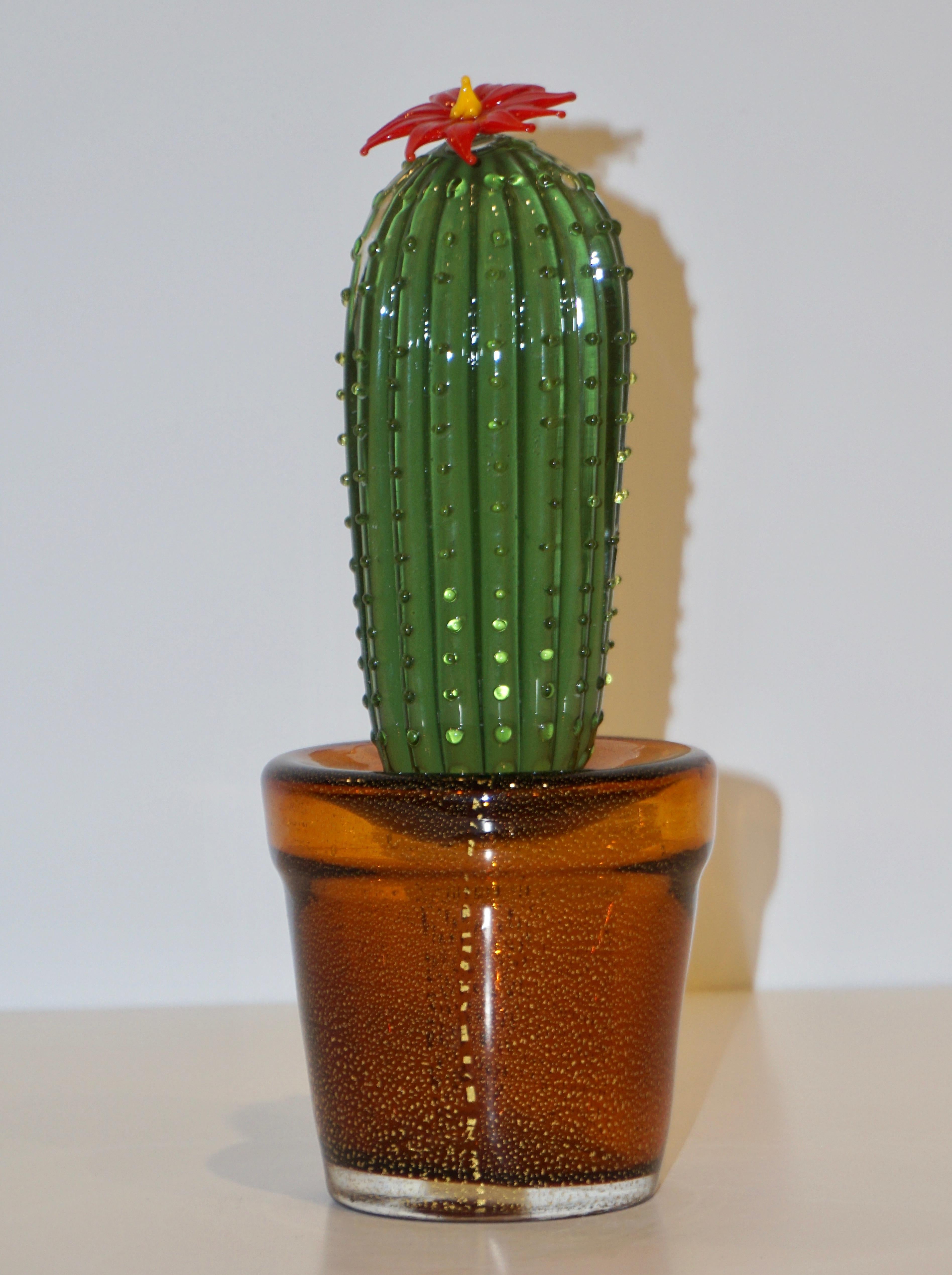 Minimalist 1990s Vintage Italian Green Murano Glass Tall Cactus Plant with Red Flower
