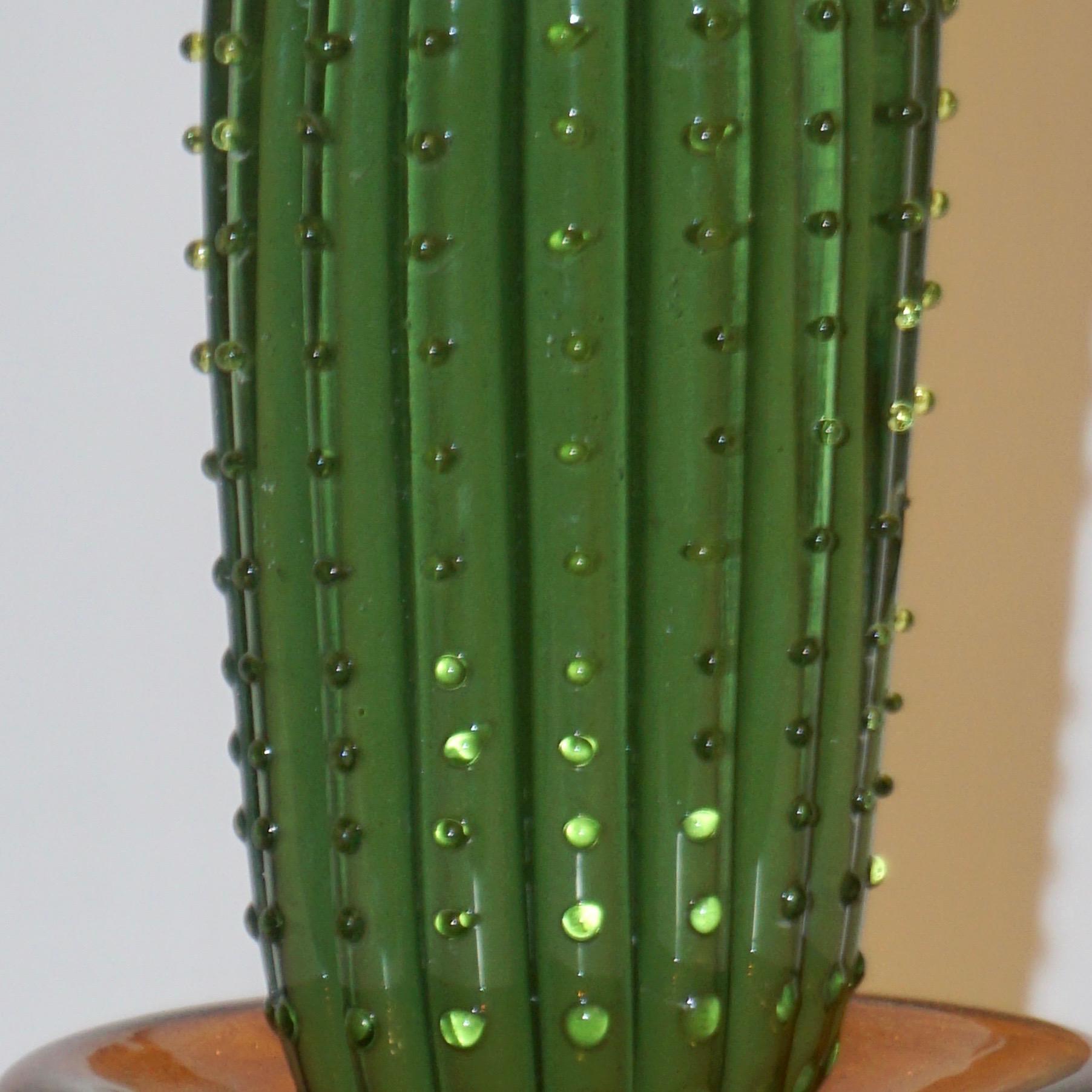 Hand-Crafted 1990s Vintage Italian Green Murano Glass Tall Cactus Plant with Red Flower