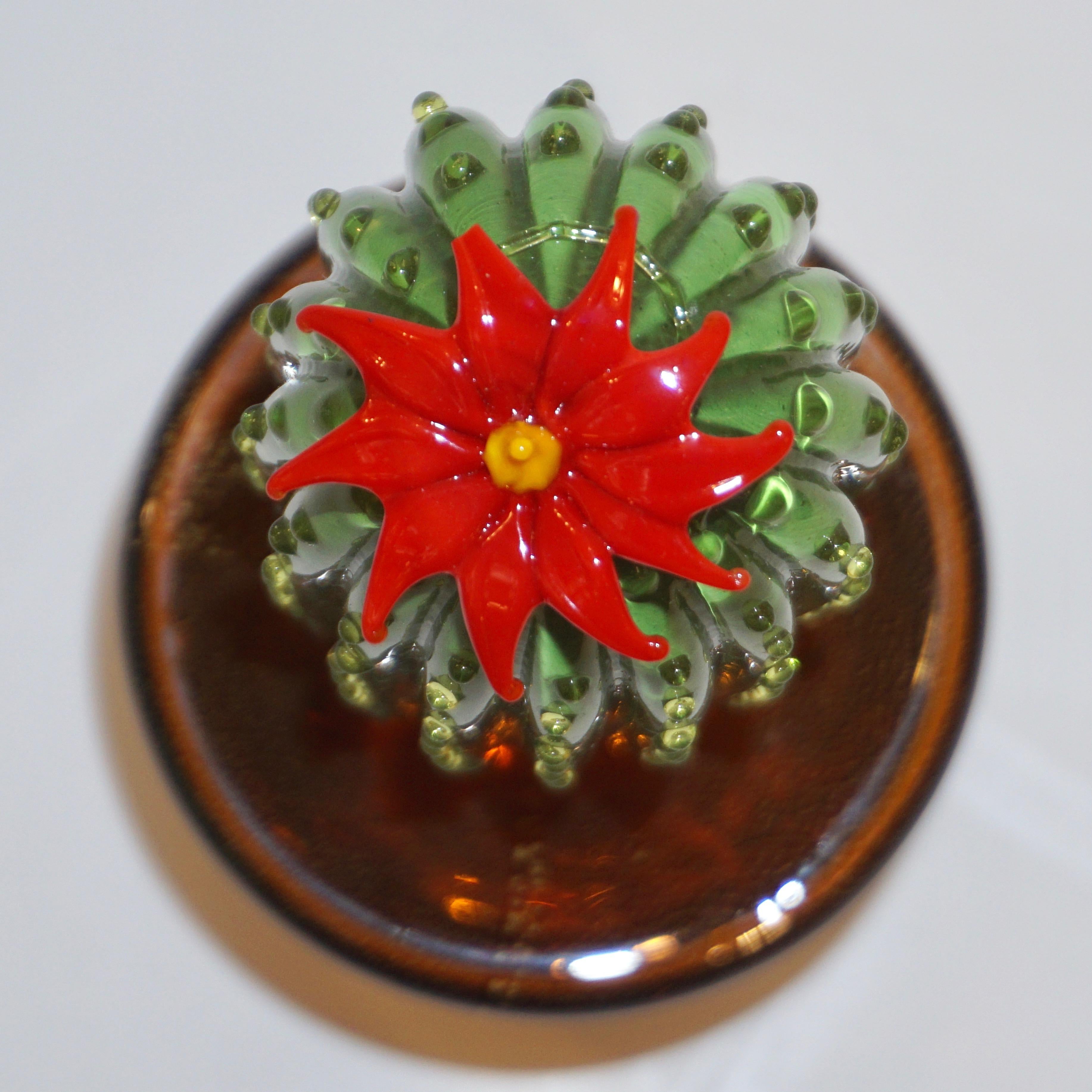 1990s Vintage Italian Green Murano Glass Tall Cactus Plant with Red Flower In Excellent Condition In New York, NY