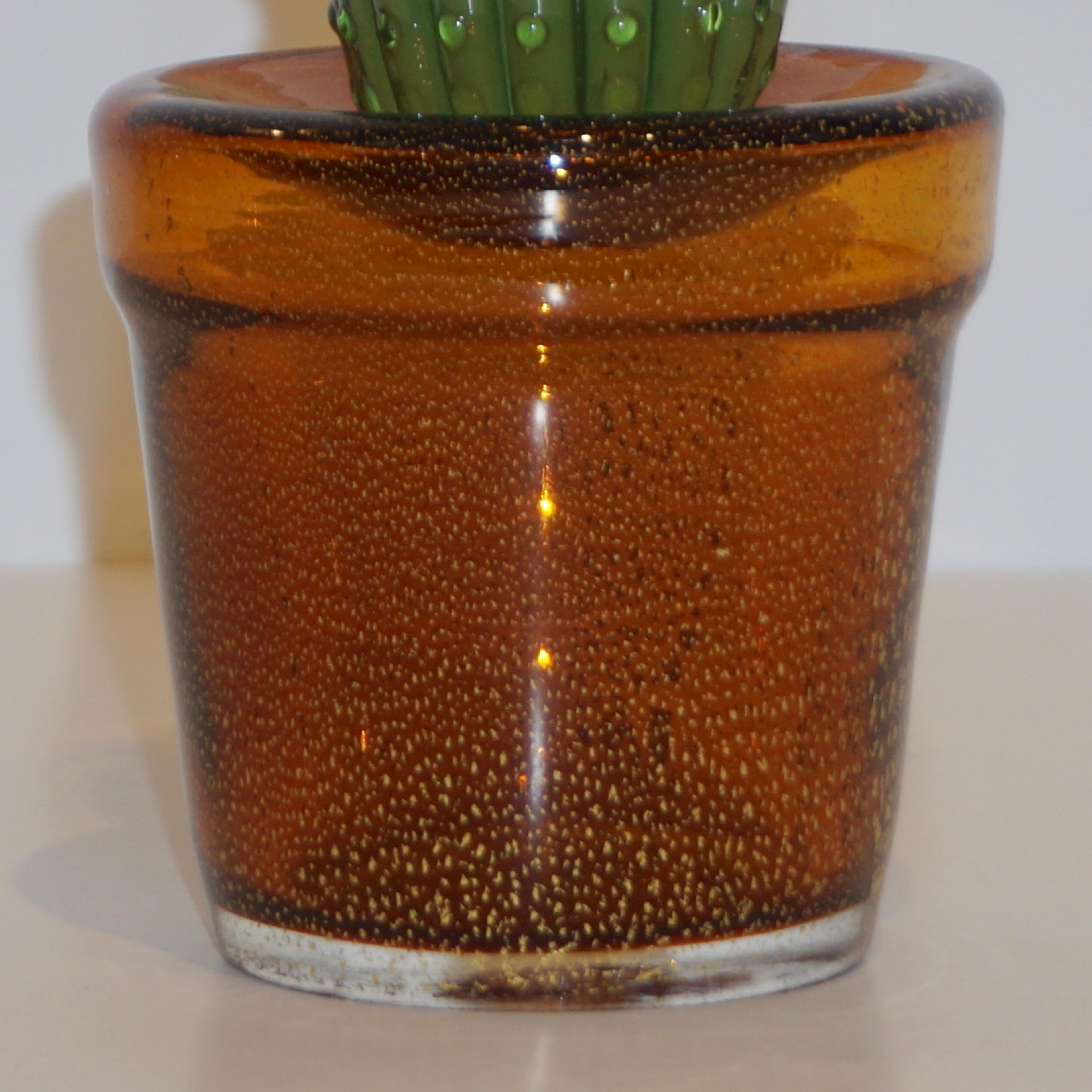 Late 20th Century 1990s Vintage Italian Green Murano Glass Tall Cactus Plant with Red Flower