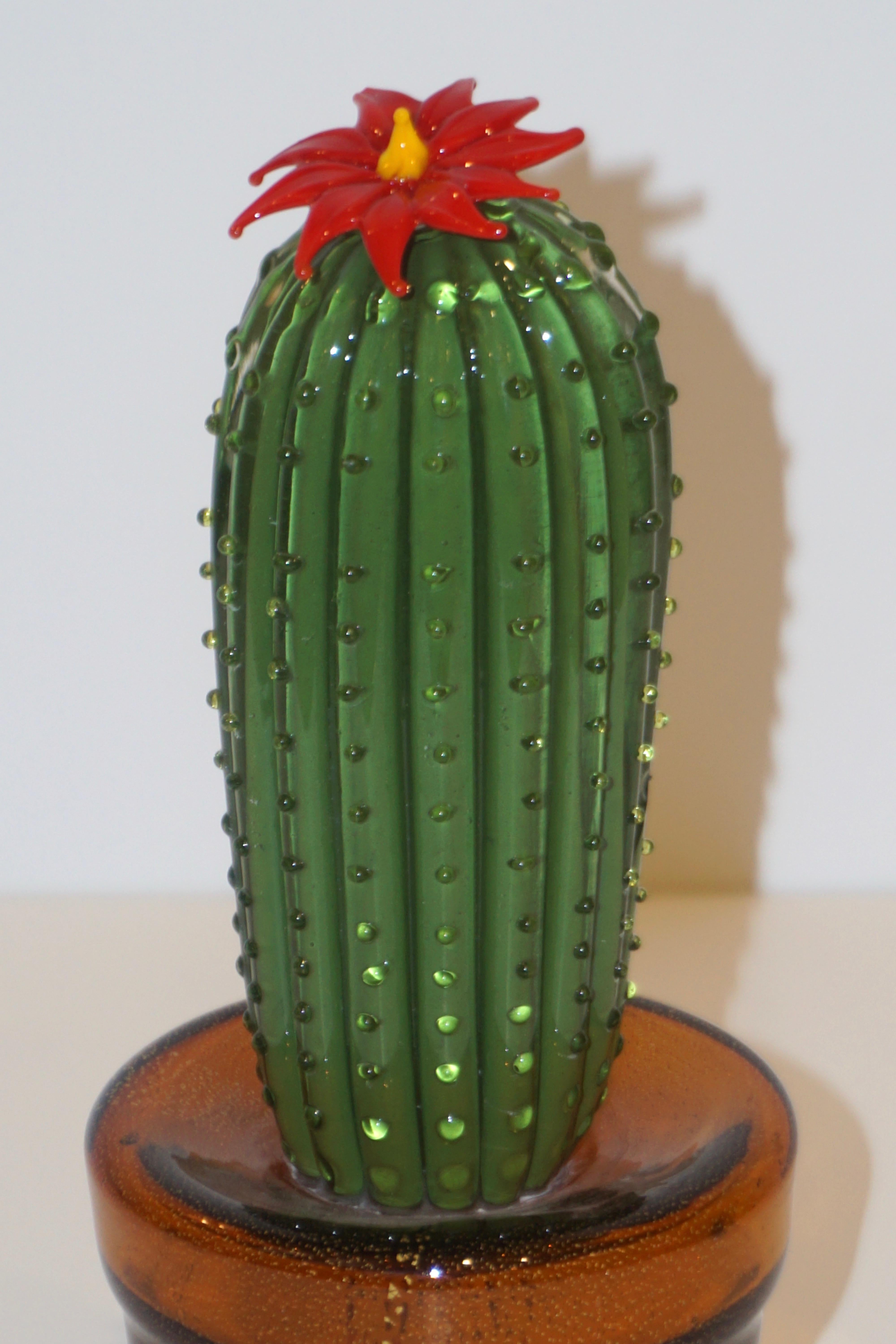 1990s Vintage Italian Green Murano Glass Tall Cactus Plant with Red Flower 2