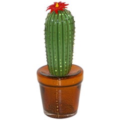 1990 Vintage Italian Green Murano Glass Tall Cactus Plant avec Red Flower