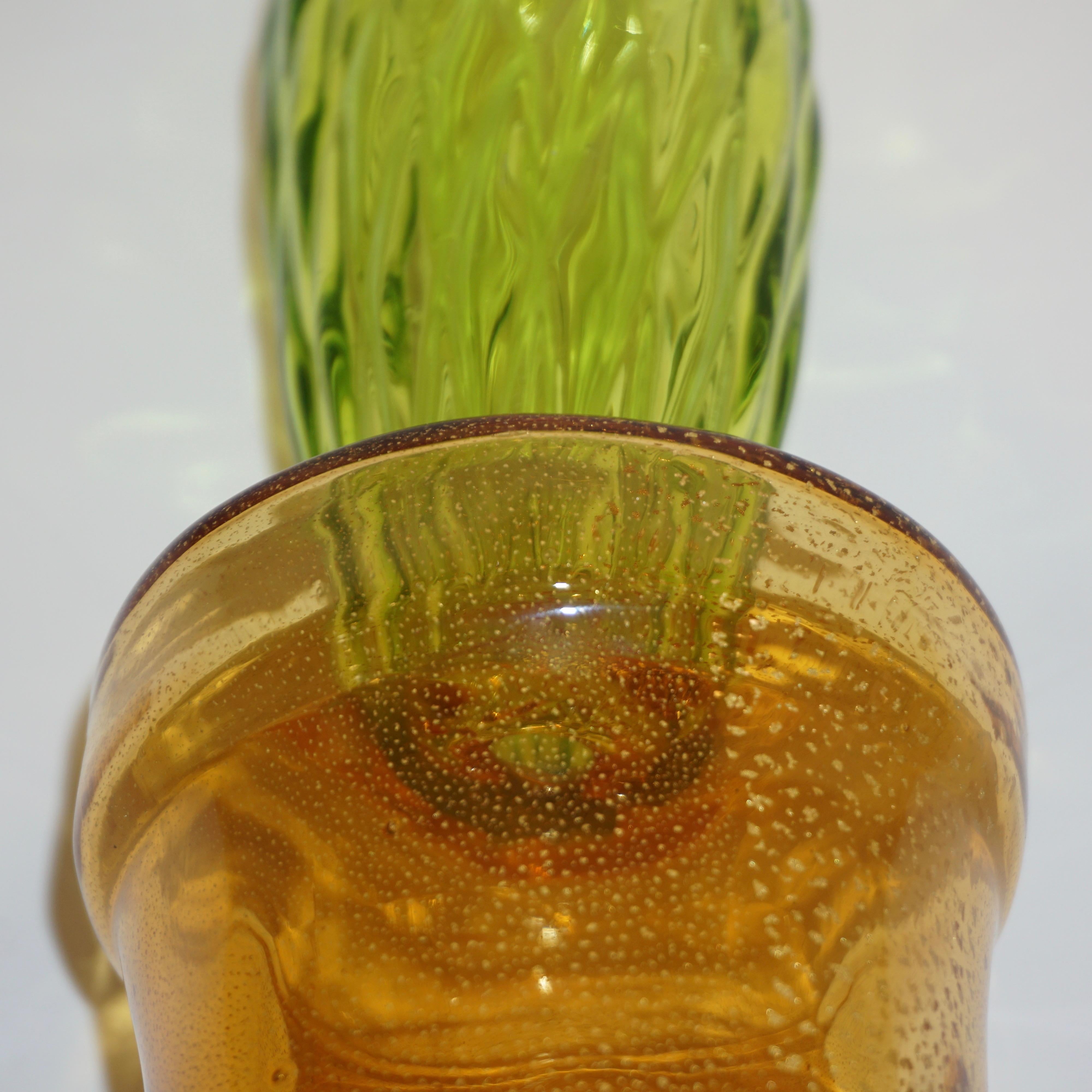 1990s Vintage Italian Lime Green Murano Art Glass Cactus Plant with Gold Pot 4