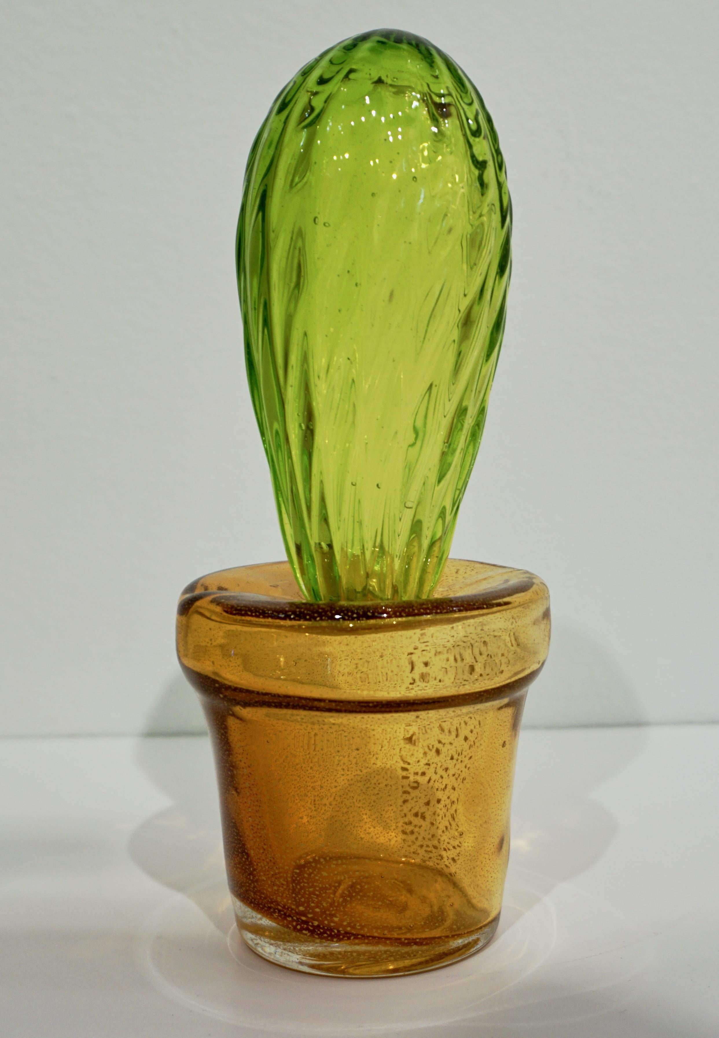 1990s Vintage Italian Lime Green Murano Art Glass Cactus Plant with Gold Pot 5