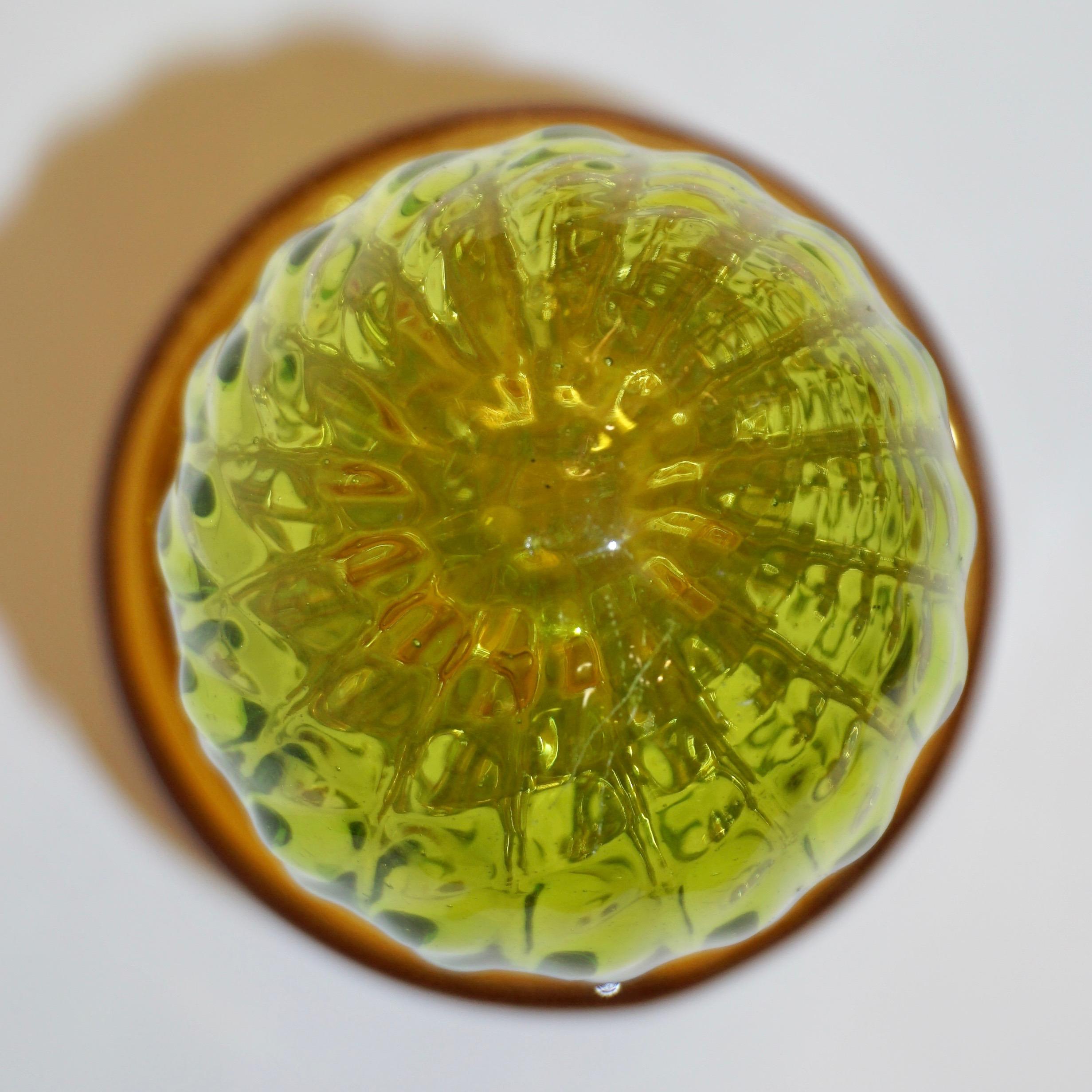 1990 Italian highly collectible blown glass cactus of a limited edition by Formia, entirely handcrafted in Murano with modern Minimalist design, in a lifelike organic modernist shape in apple green chartreuse Murano glass highlighted by a honeycomb