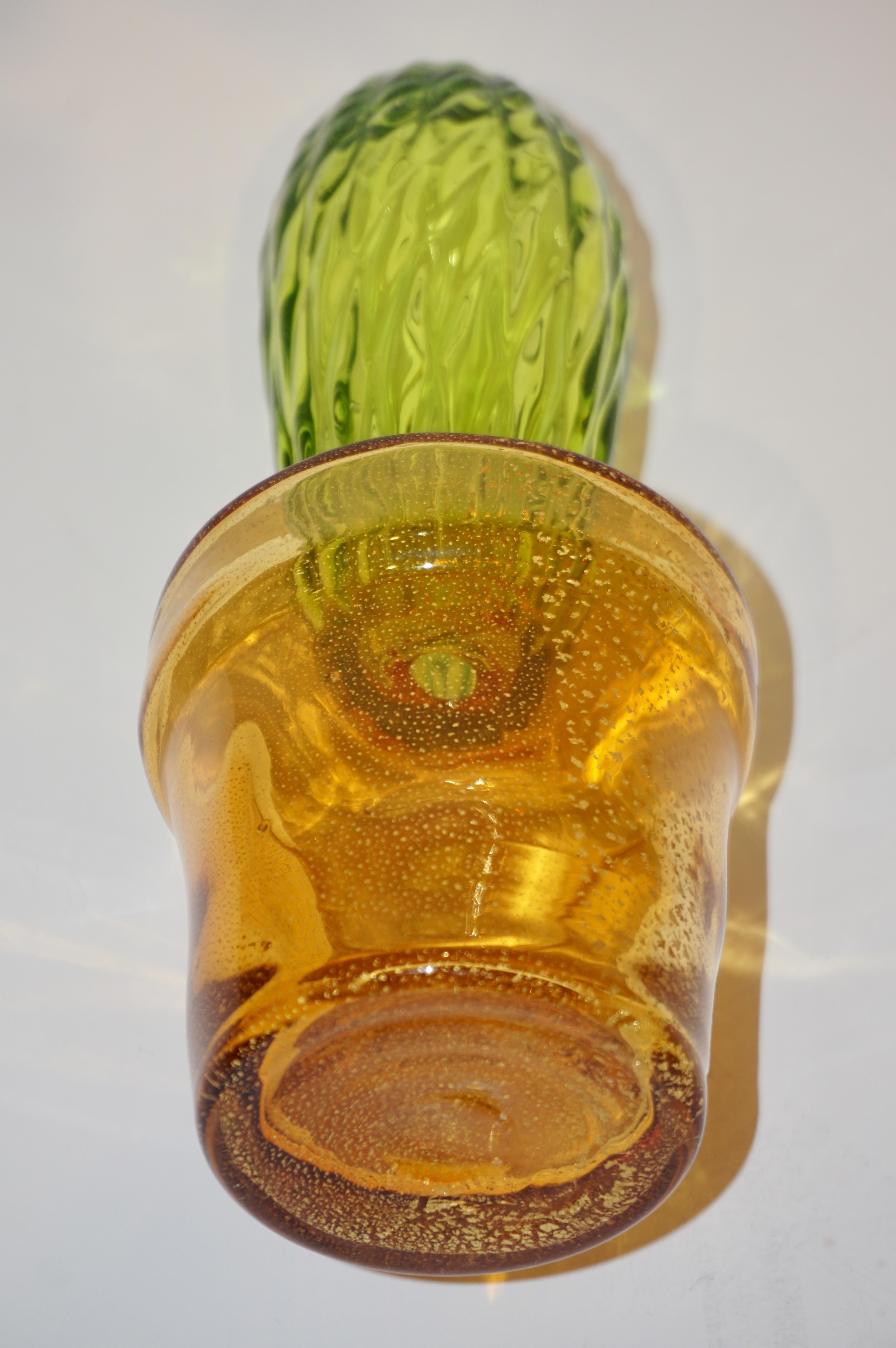 1990s Vintage Italian Lime Green Murano Art Glass Cactus Plant with Gold Pot 2
