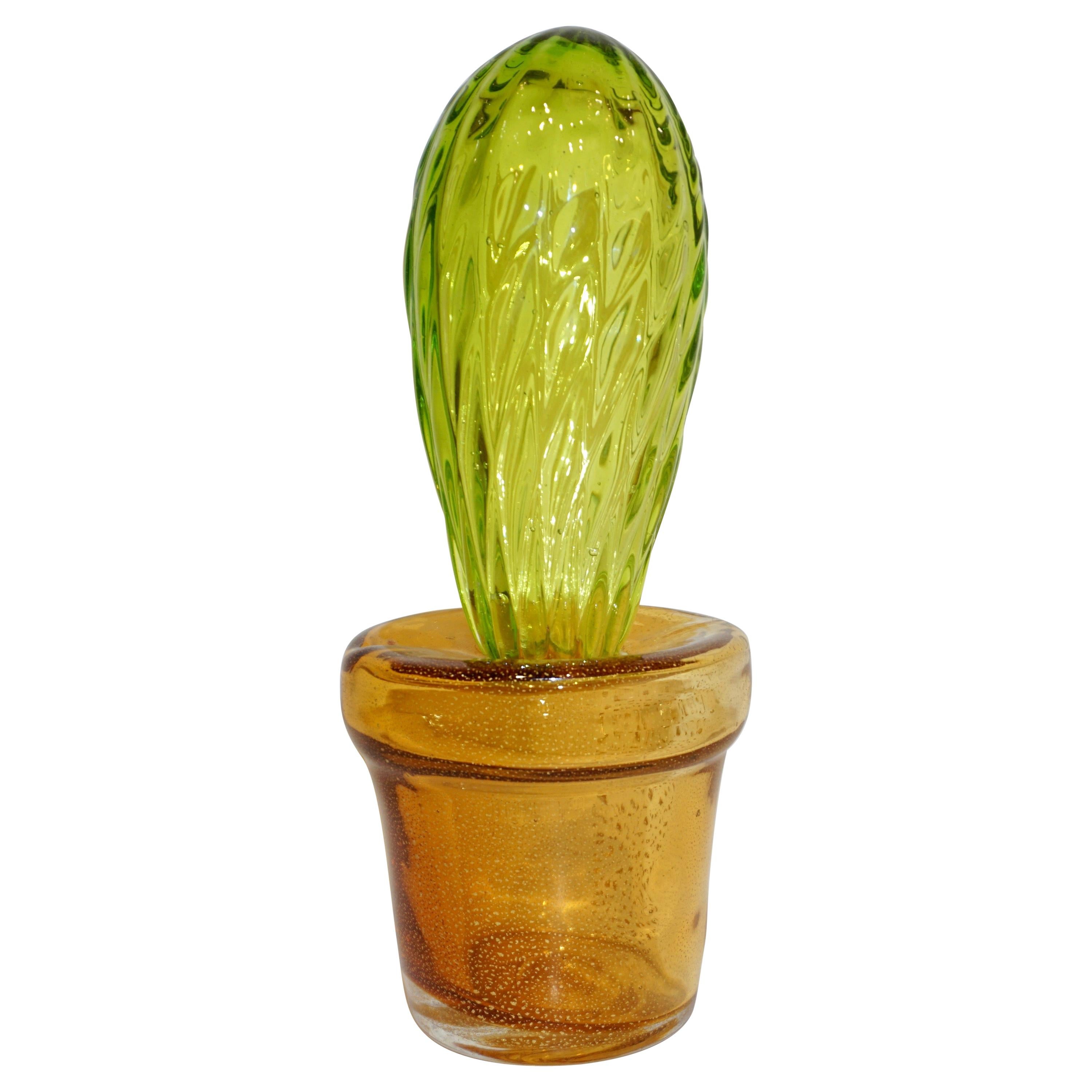 1990s Vintage Italian Lime Green Murano Art Glass Cactus Plant with Gold Pot