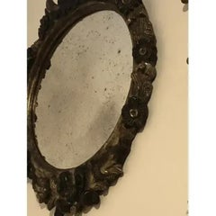 1990s Vintage Italian Oval Wood-Carved Mirror with Floral Motif in Silver Walnut