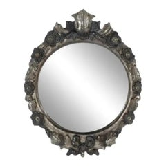 1990s Vintage Italian Oval Wood-Carved Mirror with Floral Motif in Silver Walnut