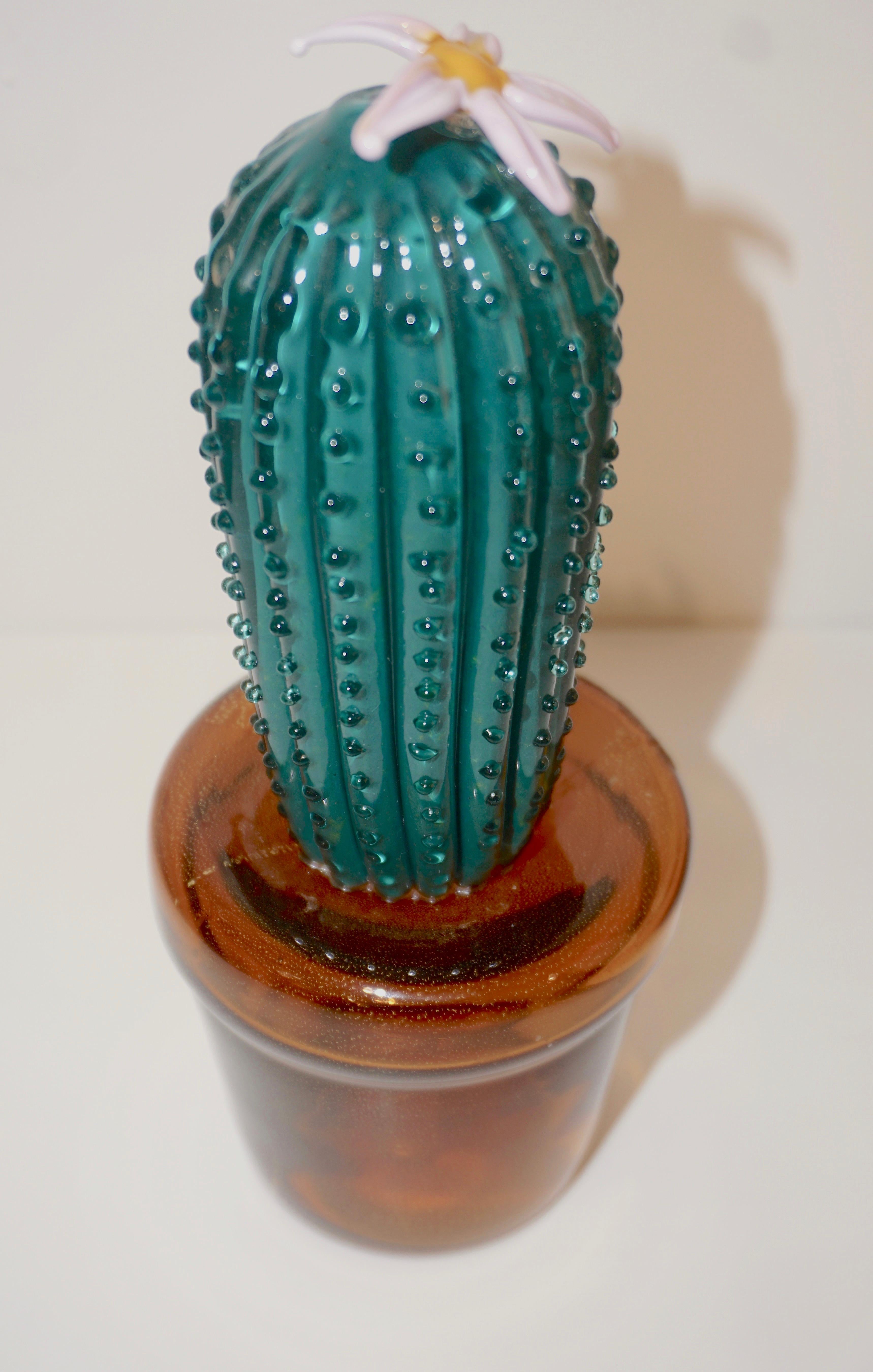 1990s Vintage Italian Teal Green Murano Glass Tall Cactus Plant with Gold Pot 4