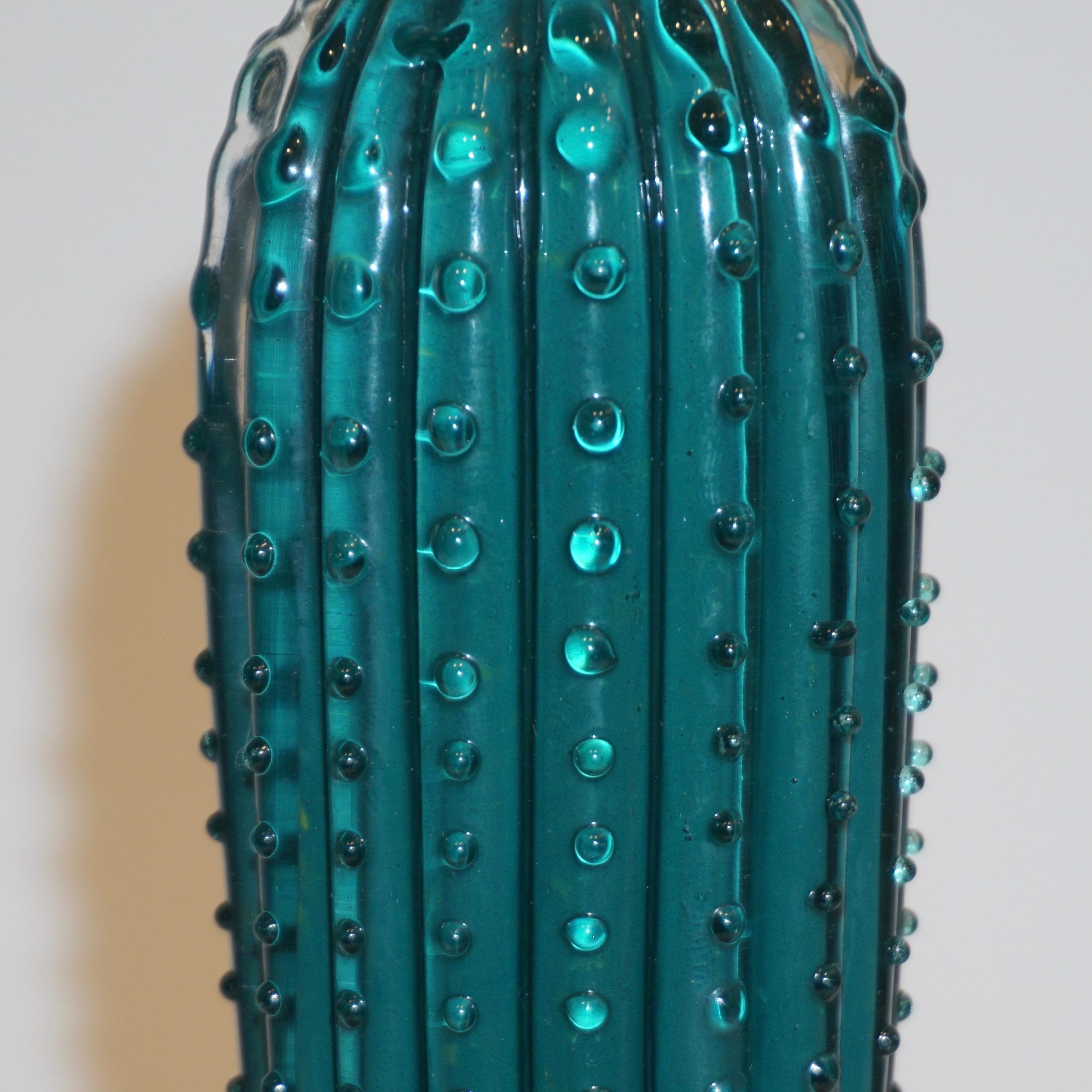 1990 Italian highly collectible blown glass cactus of limited edition by Formia, entirely handcrafted in Murano with modern Minimalist design, in a lifelike organic modernist shape in overlaid teal turquoise green Murano glass highlighted with