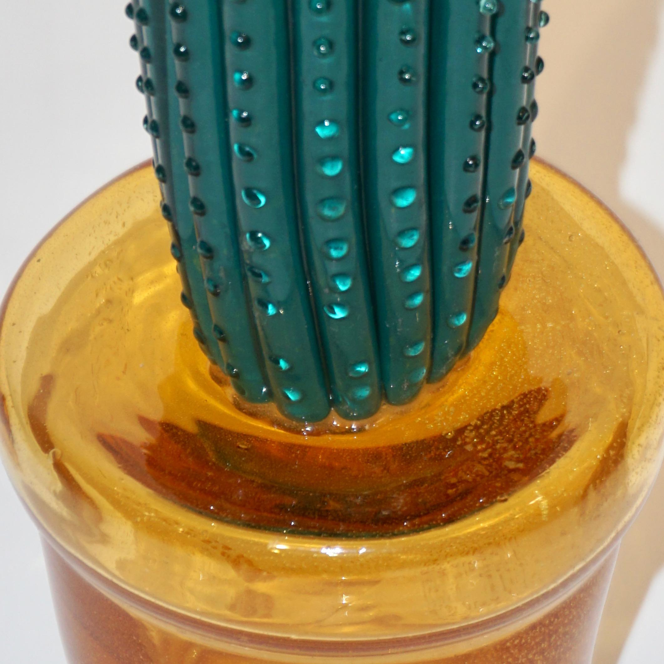 Minimalist 1990s Vintage Italian Teal Green Murano Glass Tall Cactus Plant with Gold Pot