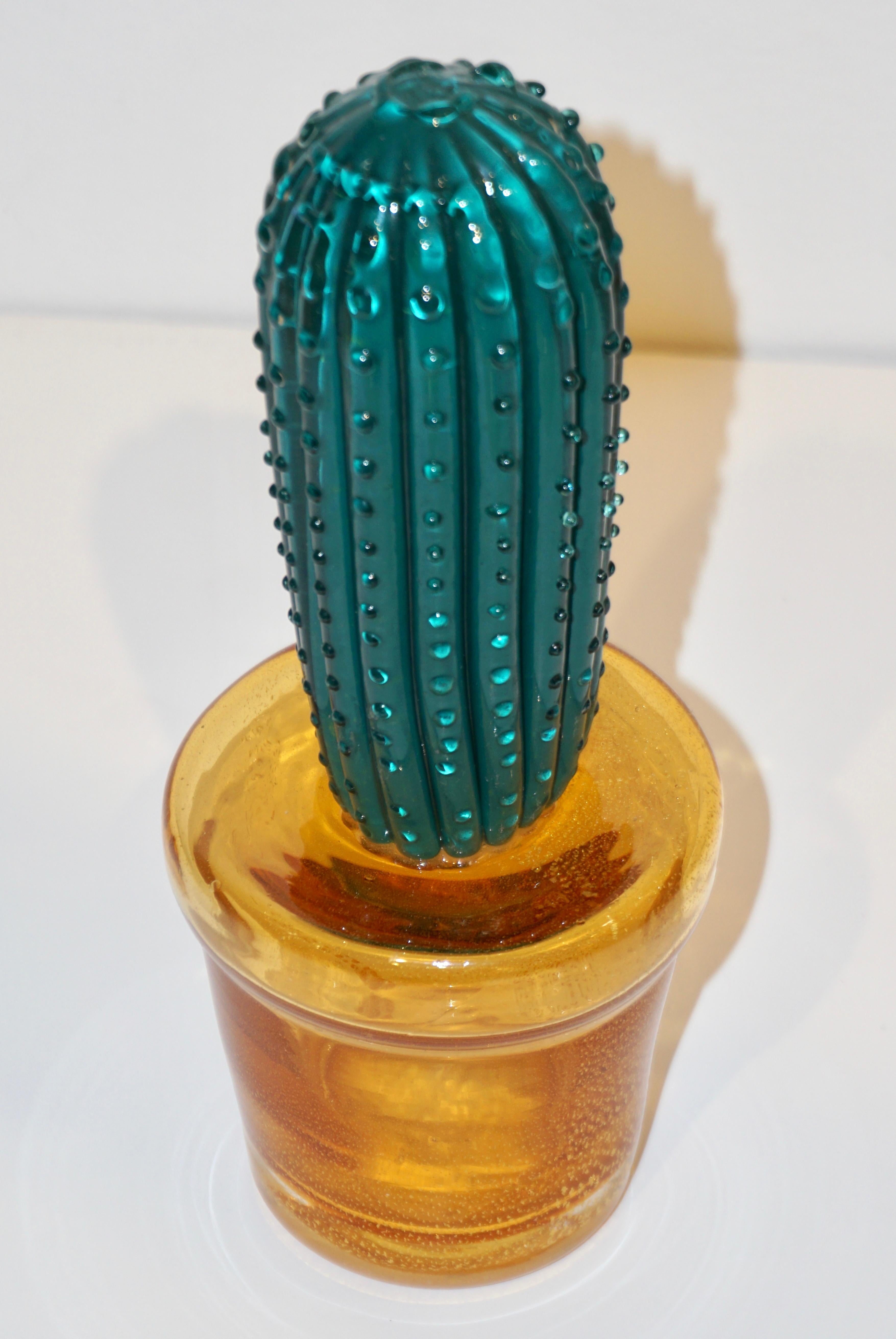 1990s Vintage Italian Teal Green Murano Glass Tall Cactus Plant with Gold Pot In Excellent Condition In New York, NY