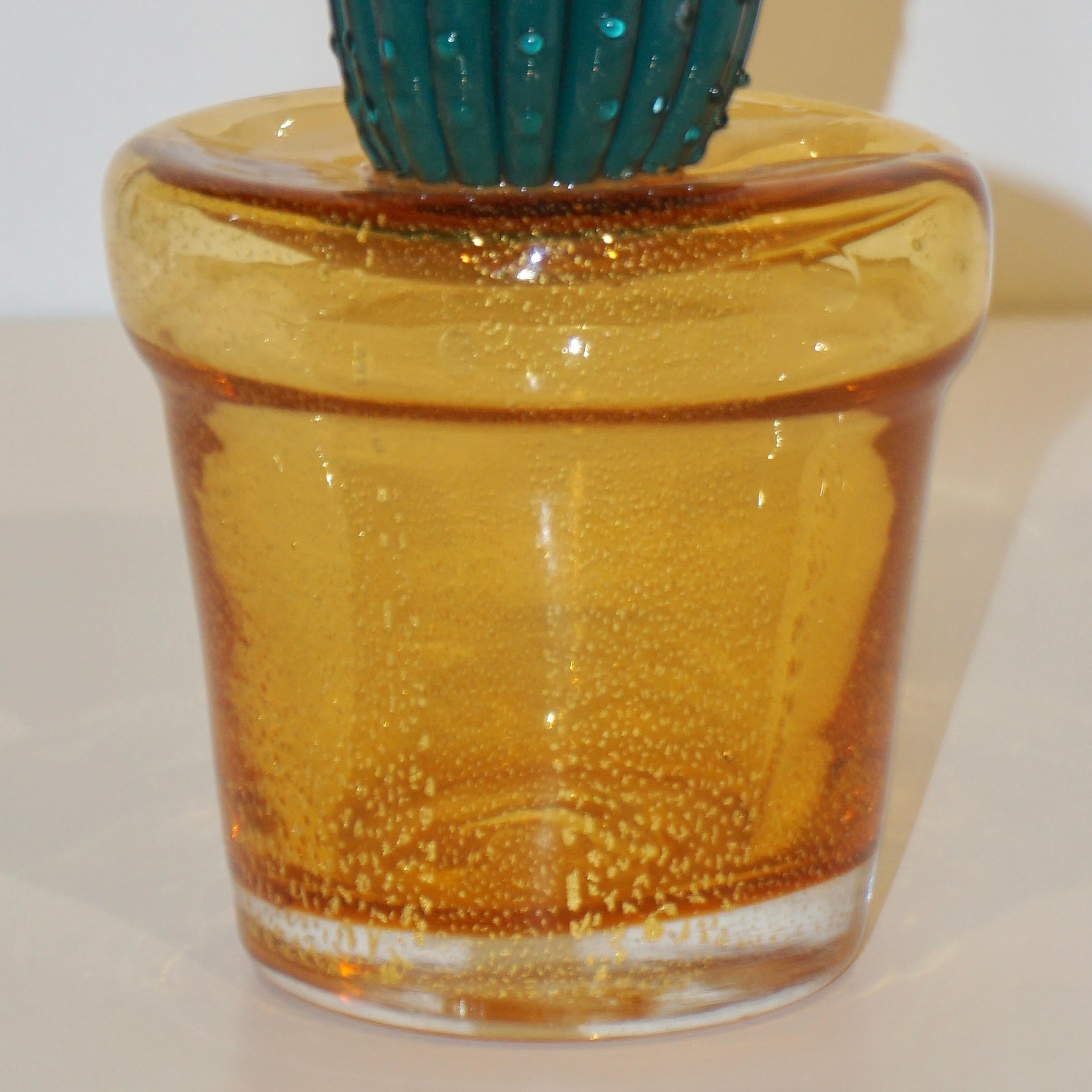 Late 20th Century 1990s Vintage Italian Teal Green Murano Glass Tall Cactus Plant with Gold Pot