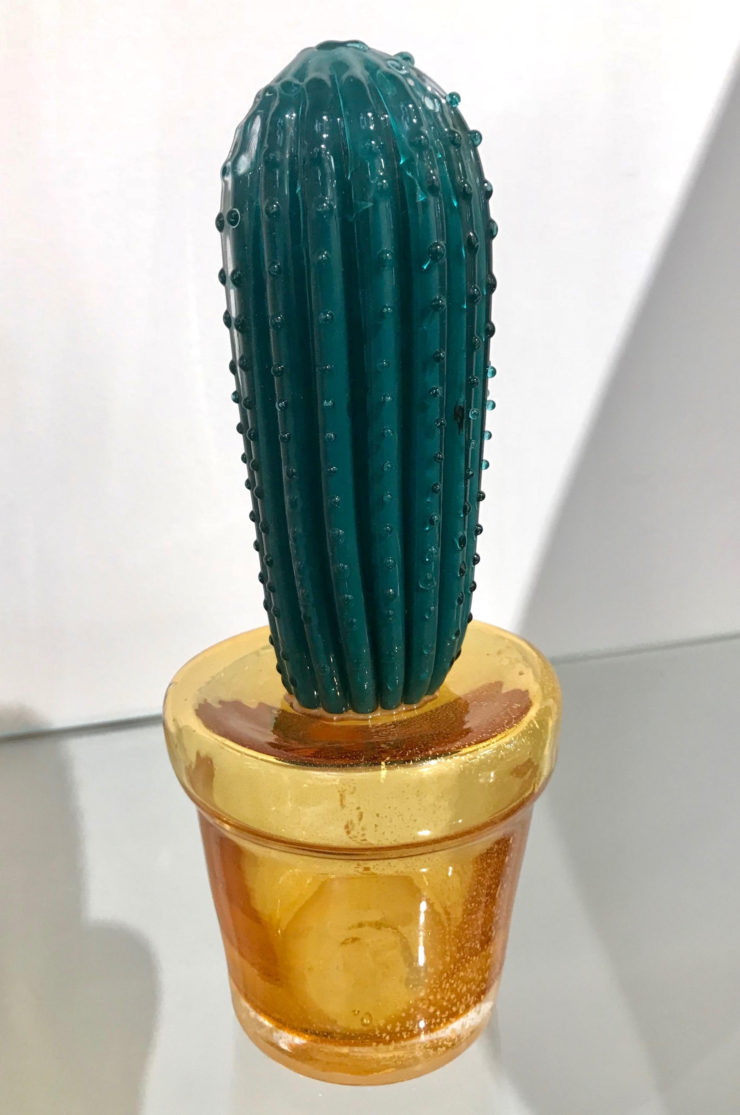 Art Glass 1990s Vintage Italian Teal Green Murano Glass Tall Cactus Plant with Gold Pot